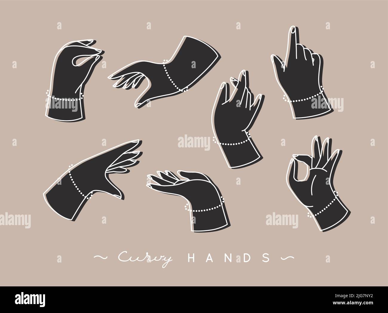 Jeu de mains courbes avec icônes de doigts dans différentes positions, dessin avec couleur noire sur fond beige Illustration de Vecteur