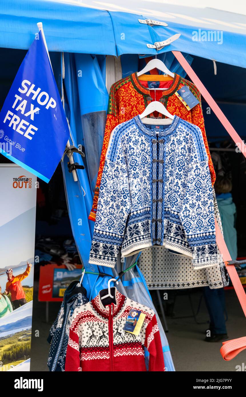Tromso Norvège, vestes en laine tricotées traditionnelles à vendre Banque D'Images