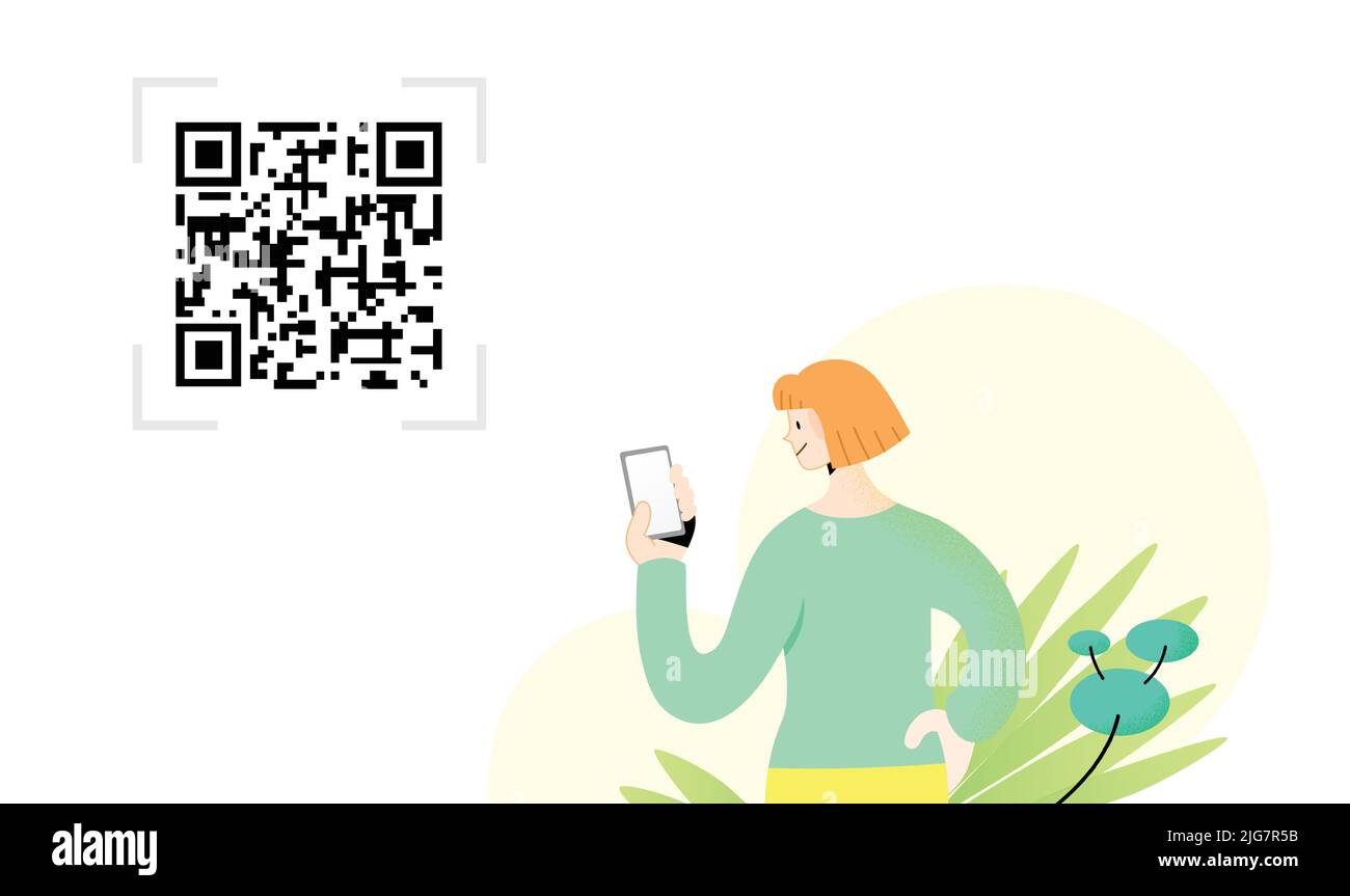 Illustration vectorielle du modèle de lecture de code QR. Jeune femme tenant un smartphone à la main regardant l'écran avec le code qr en arrière-plan. Illustration de Vecteur Illustration vectorielle du modèle de lecture de code QR. Jeune femme tenant un smartphone à la main regardant l'écran avec le code qr en arrière-plan. Illustration de Vecteur