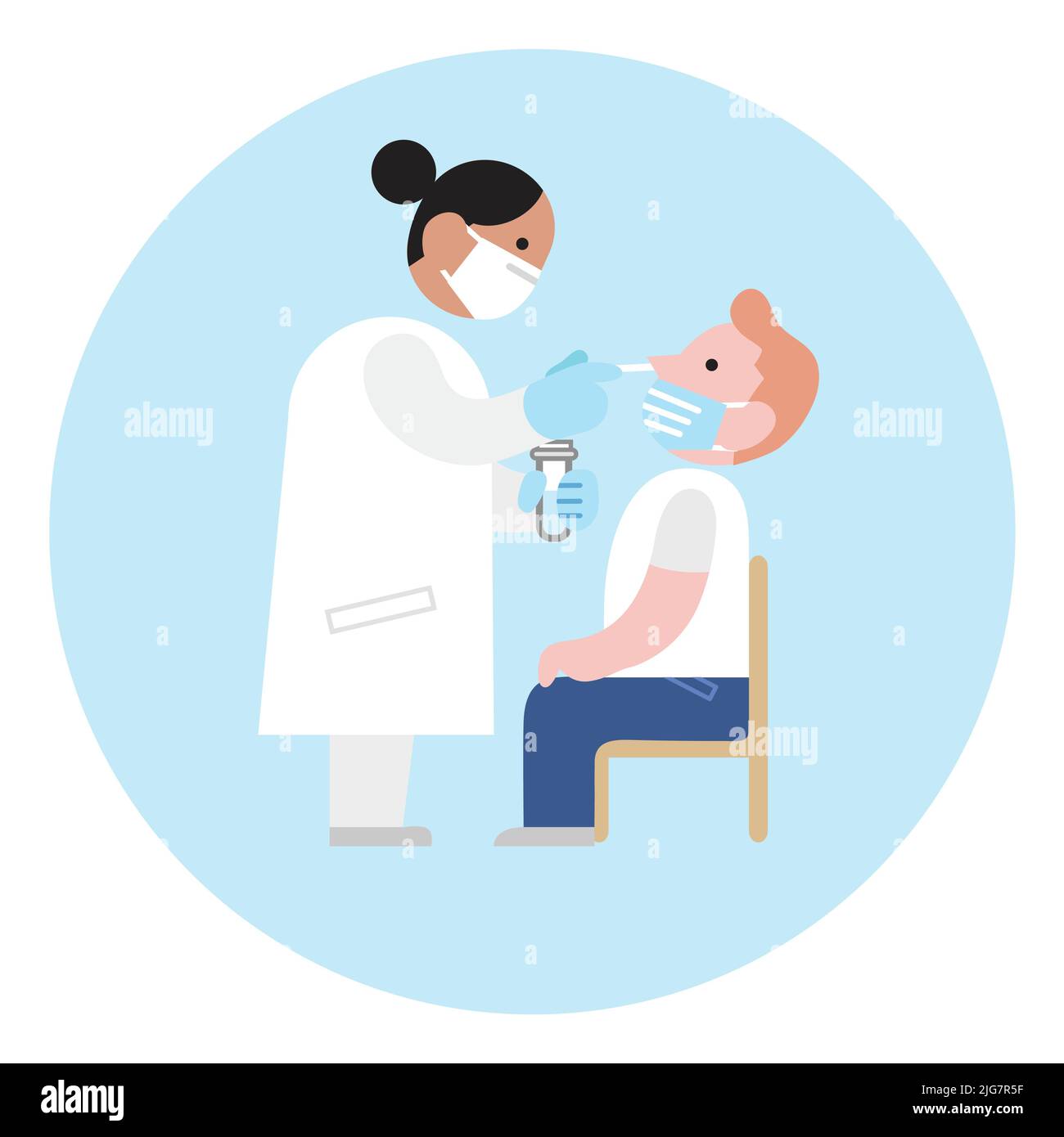 Médecin ou travailleur médical prenant un échantillon sur un patient avec un écouvillon nasal en coton pour tester sa positivité au covid-19 ou au coronavirus. Test d'antigène PCR. Illustration de Vecteur