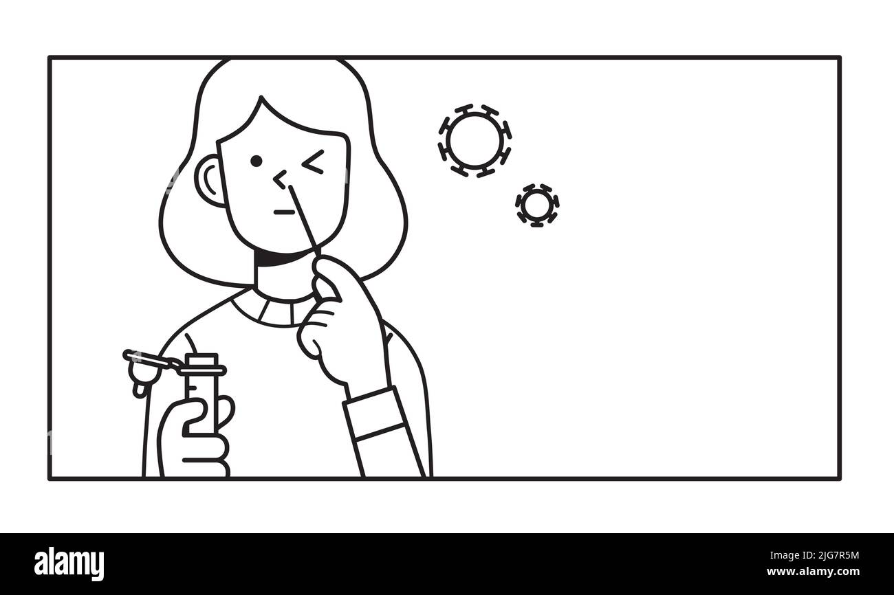 Auto-test de femme à domicile avec un kit d'antigène. Prélever un échantillon avec un écouvillon nasal en coton pour tester sa positivité au coronavirus ou au covid -19. Illustration de Vecteur