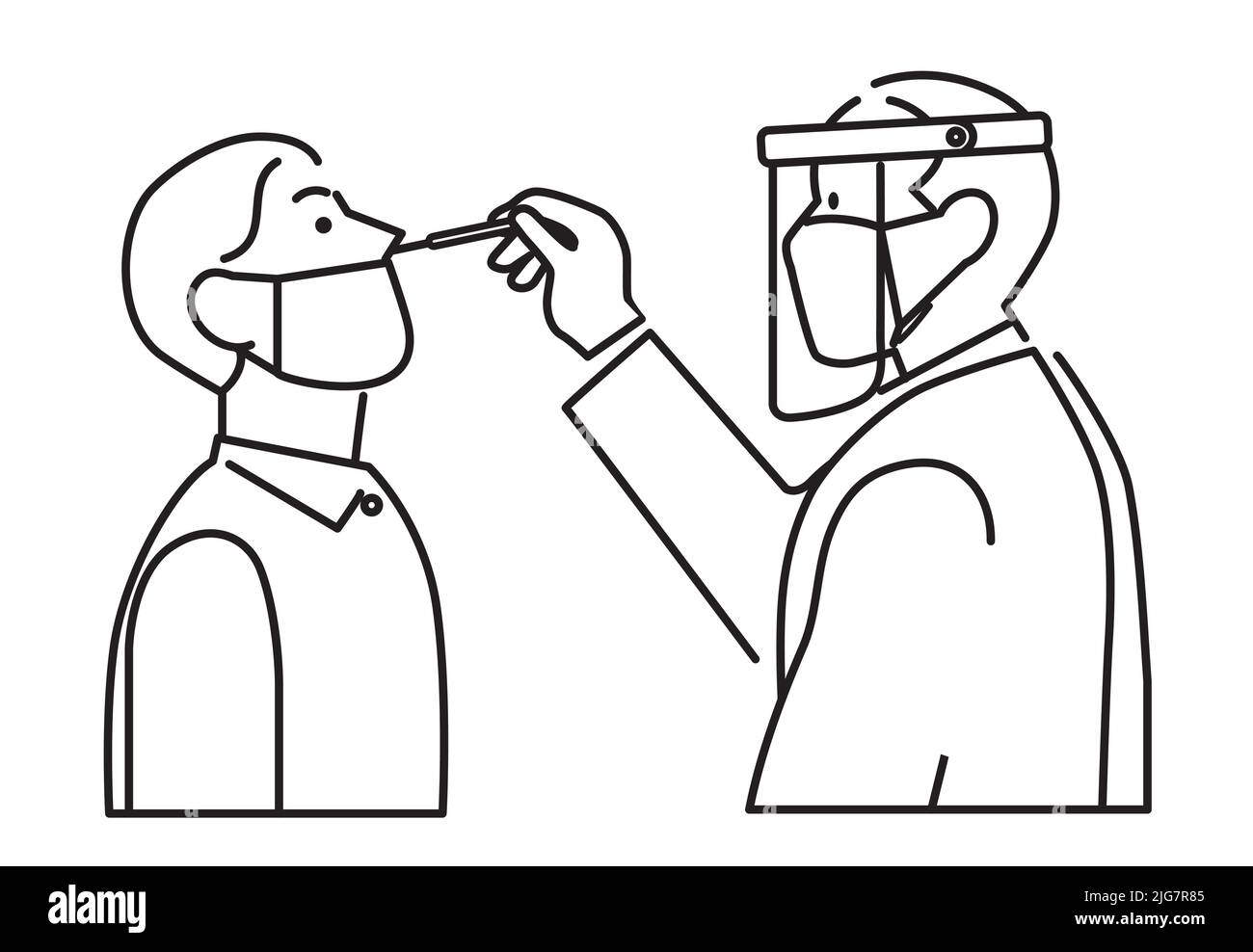 Médecin ou travailleur médical prenant un échantillon d'un patient avec un coton-tige nasal pour tester sa positivité au coronavirus. Ligne d'icône de test PCR ou antigène. Illustration de Vecteur