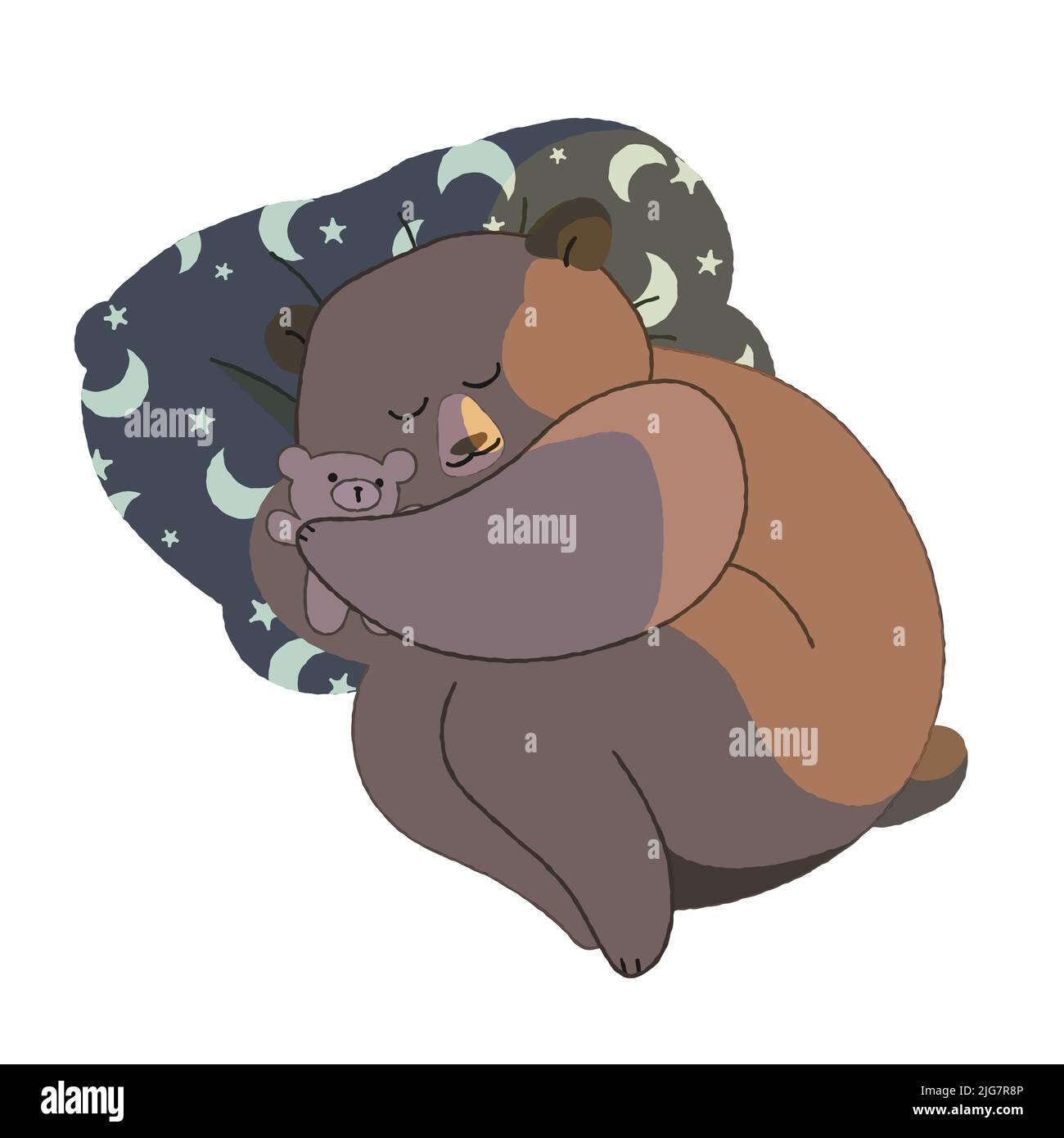 Illustration vectorielle plate à motif ours mignon et ourson. Ours brun ou grizzli isolés en hibernation, dormant sur un oreiller en hiver avec un ted Illustration de Vecteur