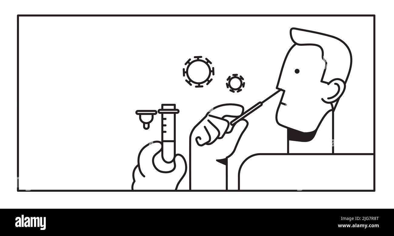 Homme utilisant un écouvillon nasal en coton pour prélever un échantillon pour un test d'autocontrôle de l'antigène. Démonstration du kit de test à domicile de l'antigène.vecteur de ligne noir et blanc. Illustration de Vecteur