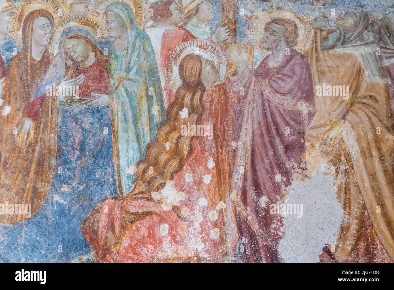 Vieilles fresques religieuses dans le cloître du Paradis, la cathédrale d'Amalfi, Campanie, Italie Banque D'Images