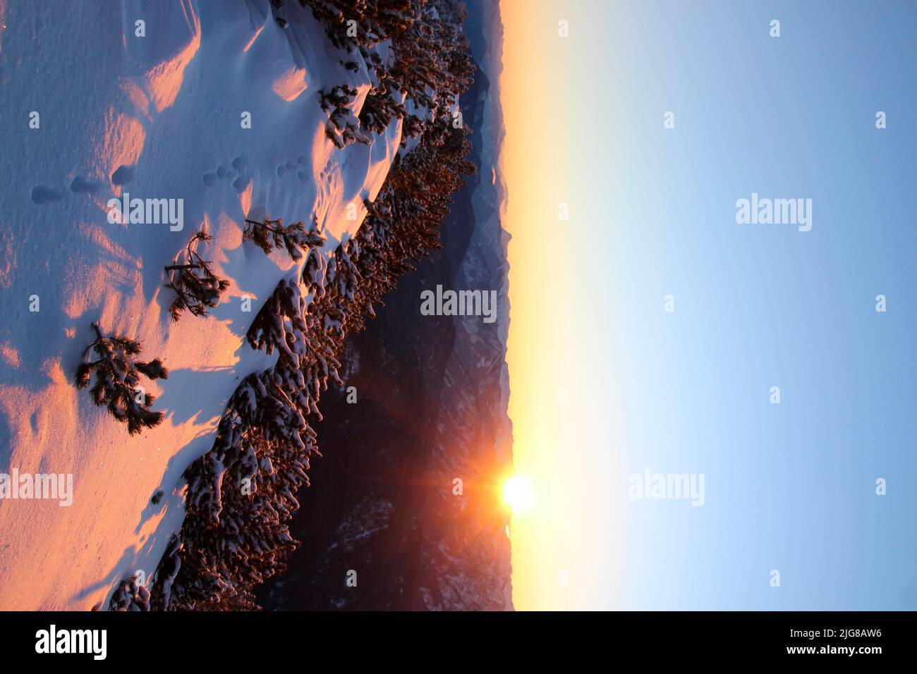 Lever du soleil pendant la randonnée d'hiver à travers la forêt de montagne jusqu'à Simetsberg. Rétroéclairage, chemin, Allemagne, Bavière, Walchensee, Einsiedl, Banque D'Images