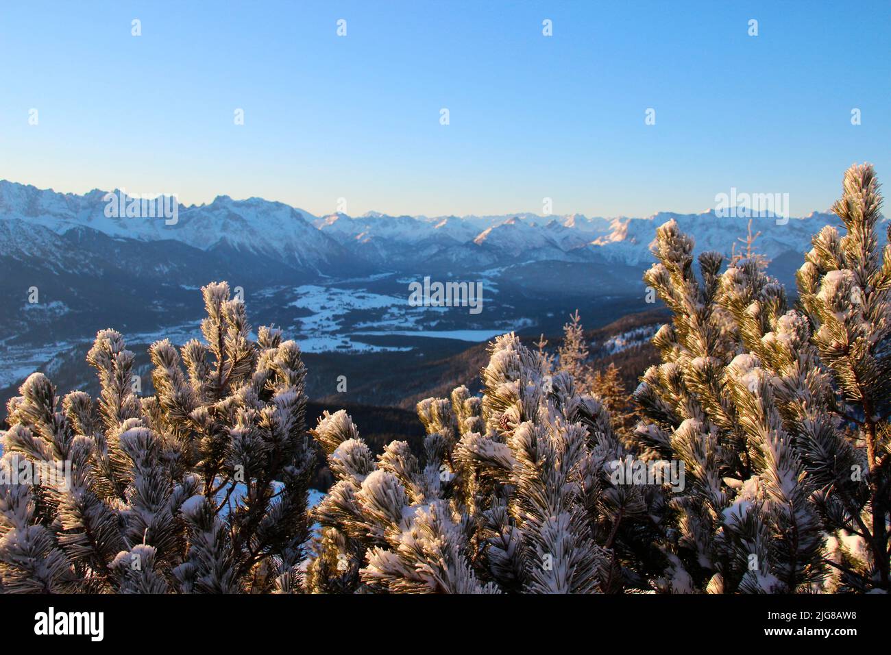 Randonnée d'hiver à travers la forêt de montagne jusqu'à Simetsberg. Chemin, vue vers Karwendel, Karwendelgebirge, Allemagne, Bavière, Walchensee, Einsiedl, Banque D'Images