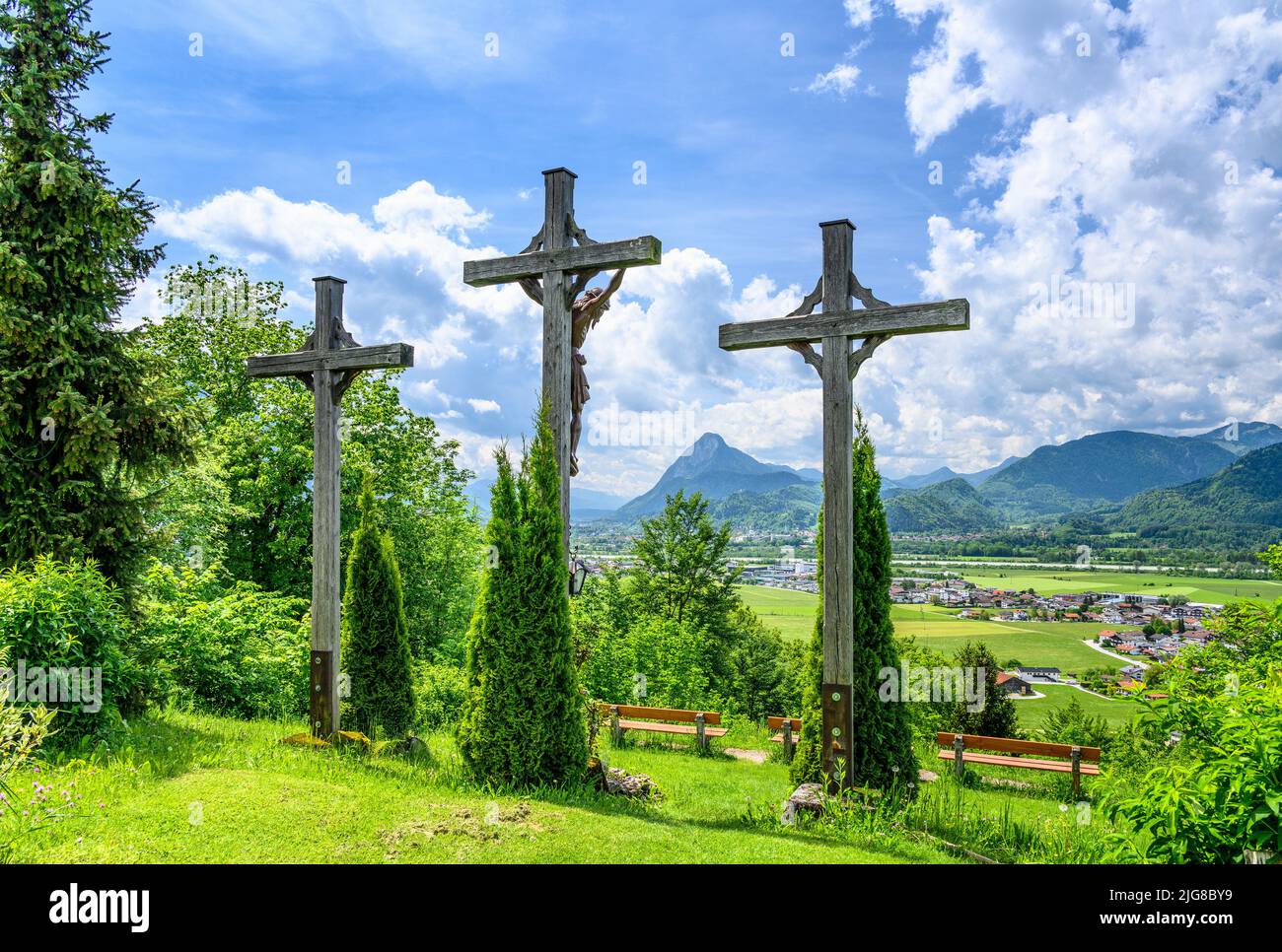 Autriche, Tyrol, Basse vallée de l'auberge, Ebbs, vue de Saint-Nikolaus sur la vallée de l'auberge vers Pendling Banque D'Images