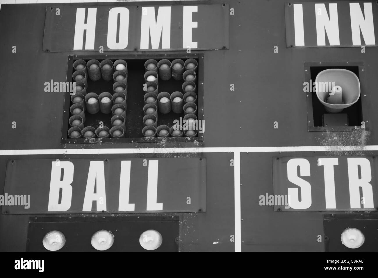 Une photo en niveaux de gris d'un tableau de bord de baseball à Huntingdon, Pennsylvanie Banque D'Images