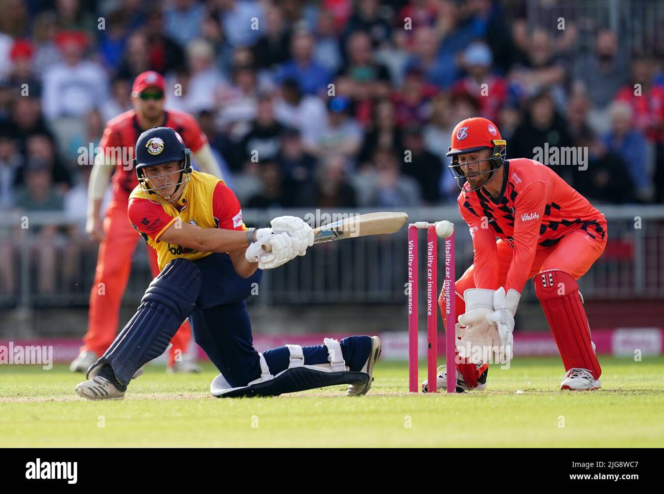 Coups de Michael Pepper d'Essex pendant le match de quart de finale de Vitality Blast T20 à Emirates Old Trafford, Manchester. Date de la photo: Vendredi 8 juillet 2022. Banque D'Images