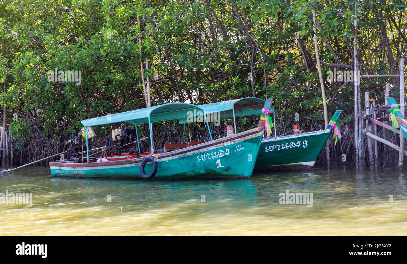 Bateaux de tourisme, fleuve Khao Daeng, parc national Khao Sam Roi Yot, province de Prachuap Khiri Khan, Thaïlande, Asie Banque D'Images