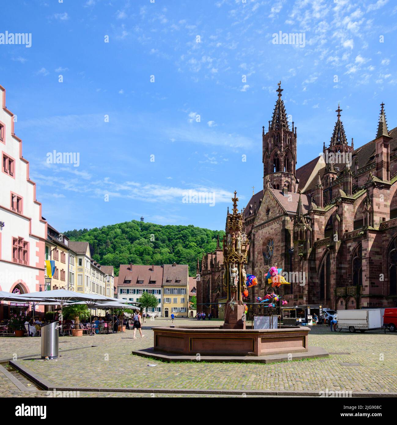 Allemagne, Bade-Wurtemberg, Forêt Noire, Fribourg, la fontaine de poisson, à l'angle nord-ouest de la place de la cathédrale. Banque D'Images