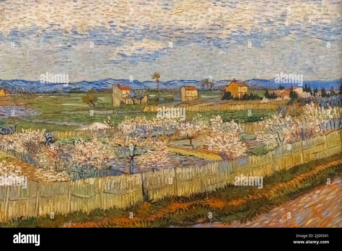La peinture intitulée 'Les pêchers en fleurs" de Vincent van Gogh datée 1889 Banque D'Images