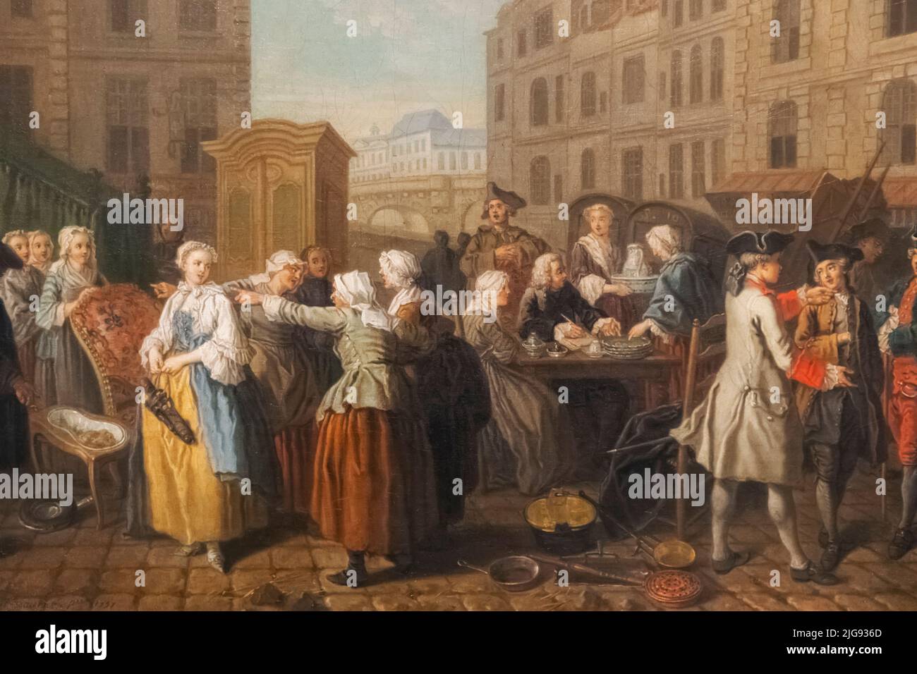 Peinture intitulée 'Scene in the Streets of Paris' par l'artiste français Stephanus Jeauret Banque D'Images