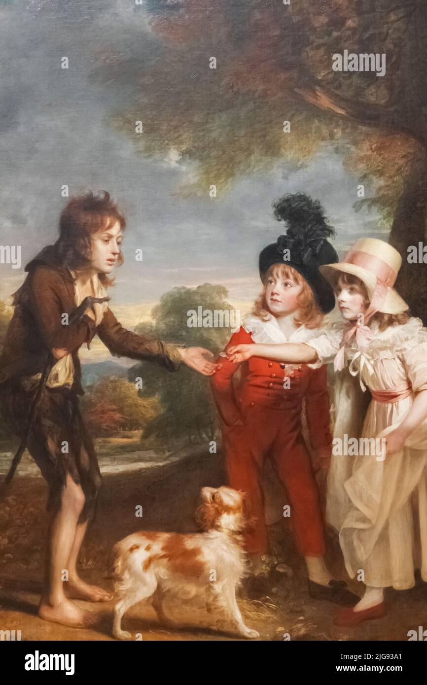 Tableau intitulé « Portrait des enfants de Sir Francis Ford donnant une pièce à un garçon mendiant » par William Beechey daté de 1793 Banque D'Images