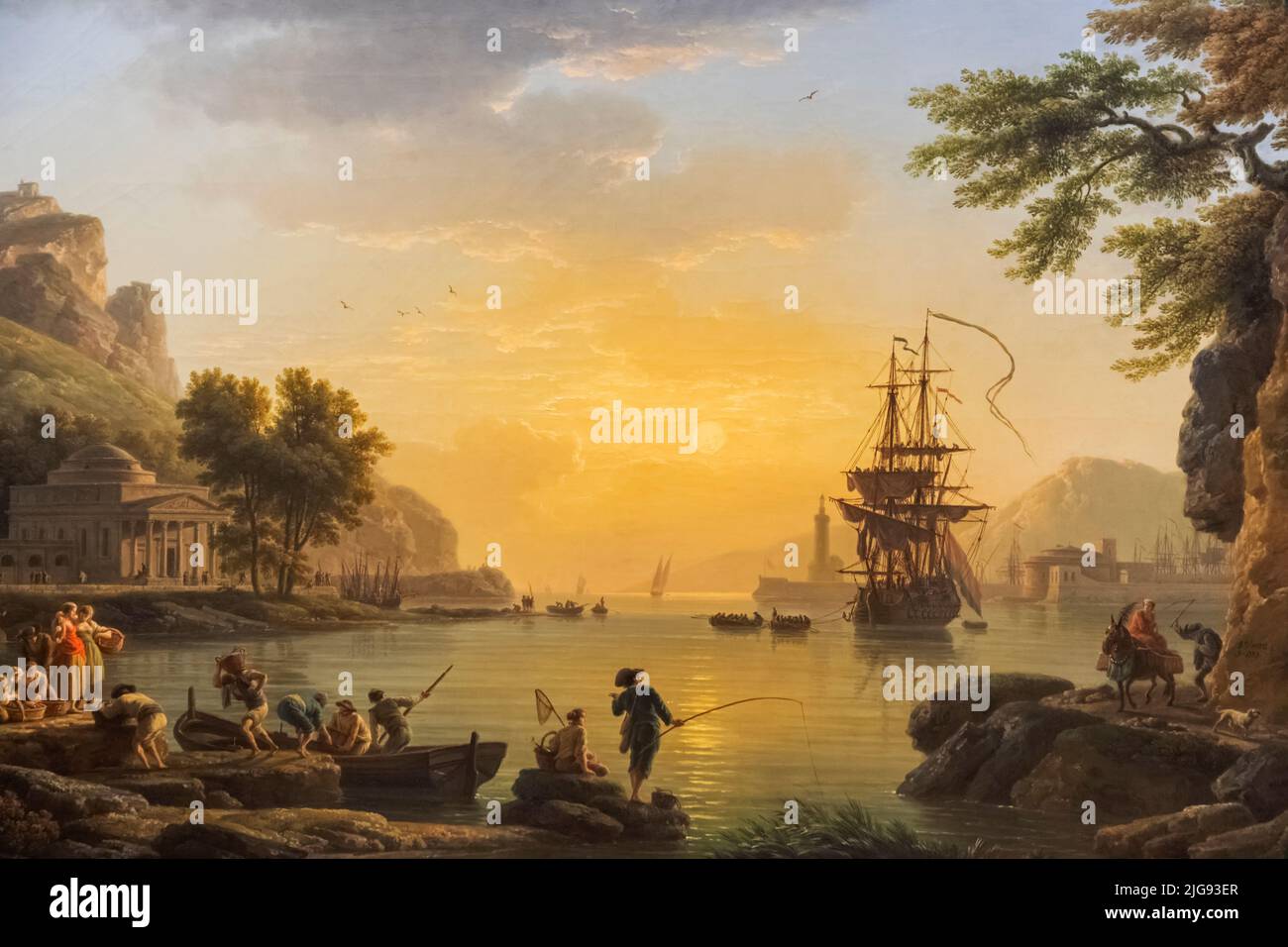 Peinture intitulée « Un paysage au coucher du soleil » par l'artiste français Claude-Joseph Vernet en date de 1773 Banque D'Images