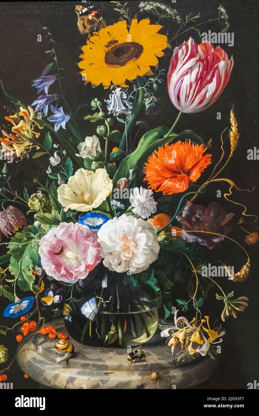 Peinture intitulée « fleurs dans une bouteille de verre sur un marbre Plinth » par l'artiste néerlandais Jan Davidsz de Heem en date de 1670 Banque D'Images