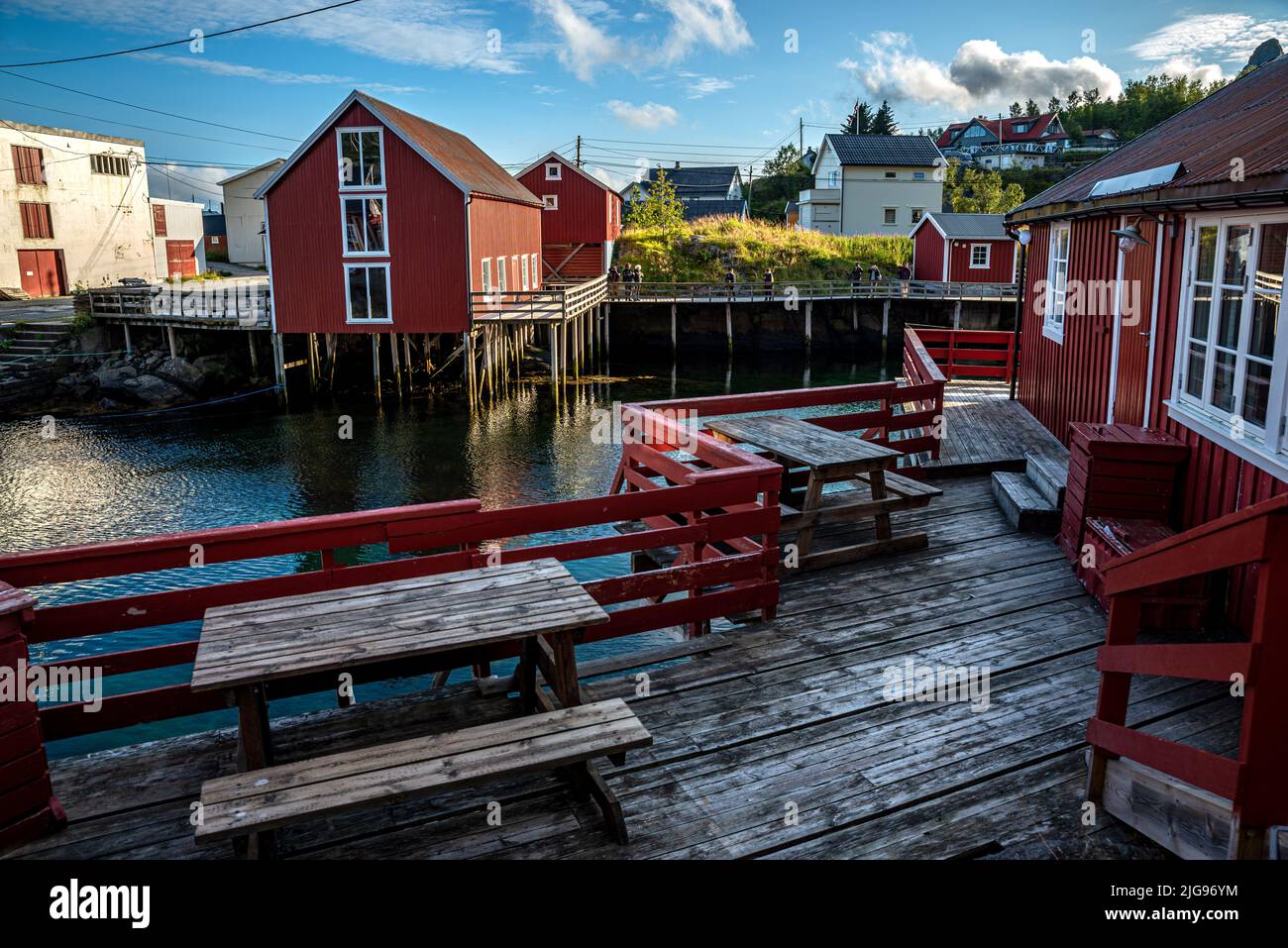 Cabanes de pêcheurs rouges rorbu, Å, village de Moskenes, îles Lofoten, Norvège Banque D'Images