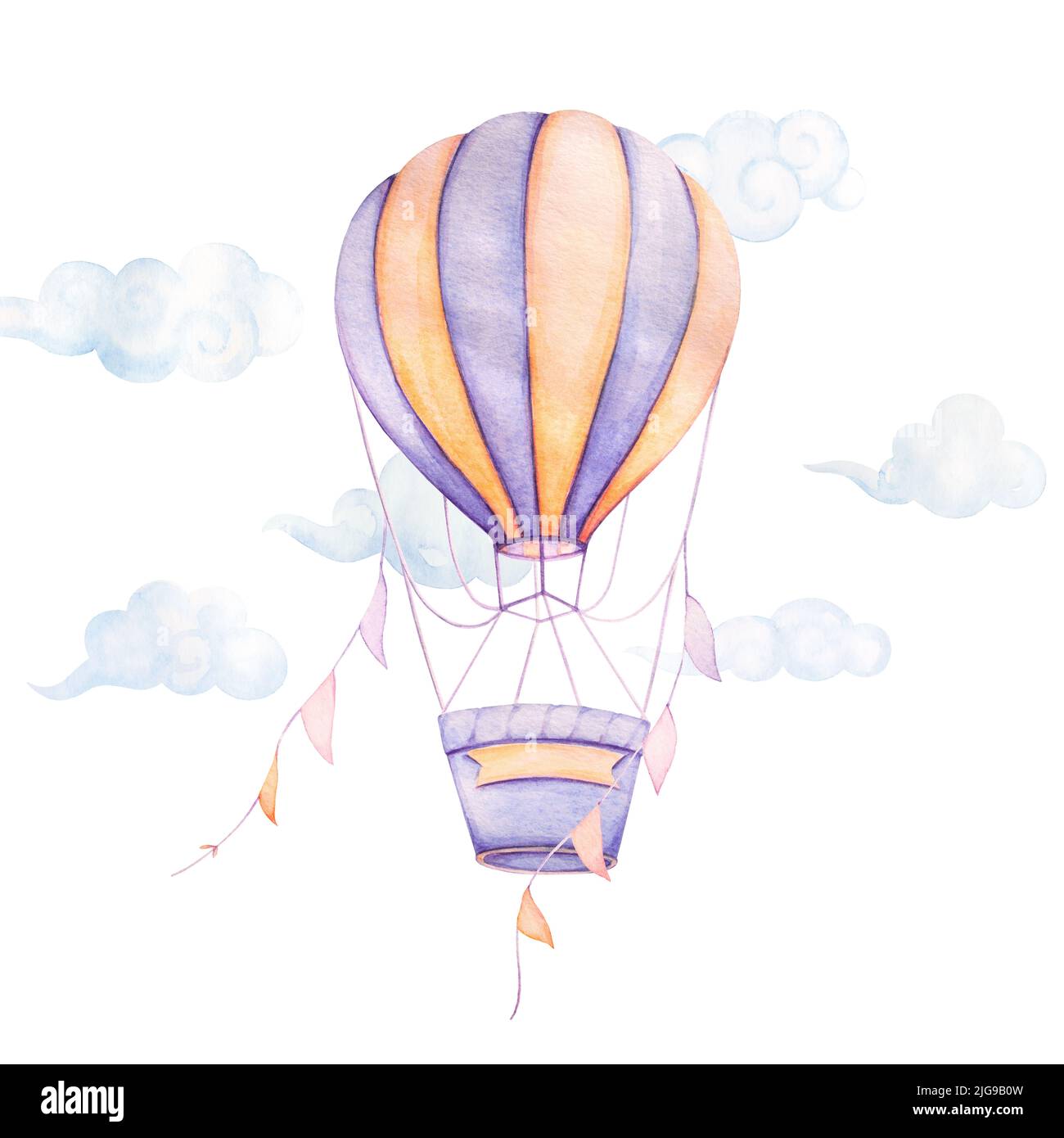Air Balloon volant avec des rubans dans les nuages. Violet et jaune. Aquarelle. Imprimés pour enfants. Banque D'Images