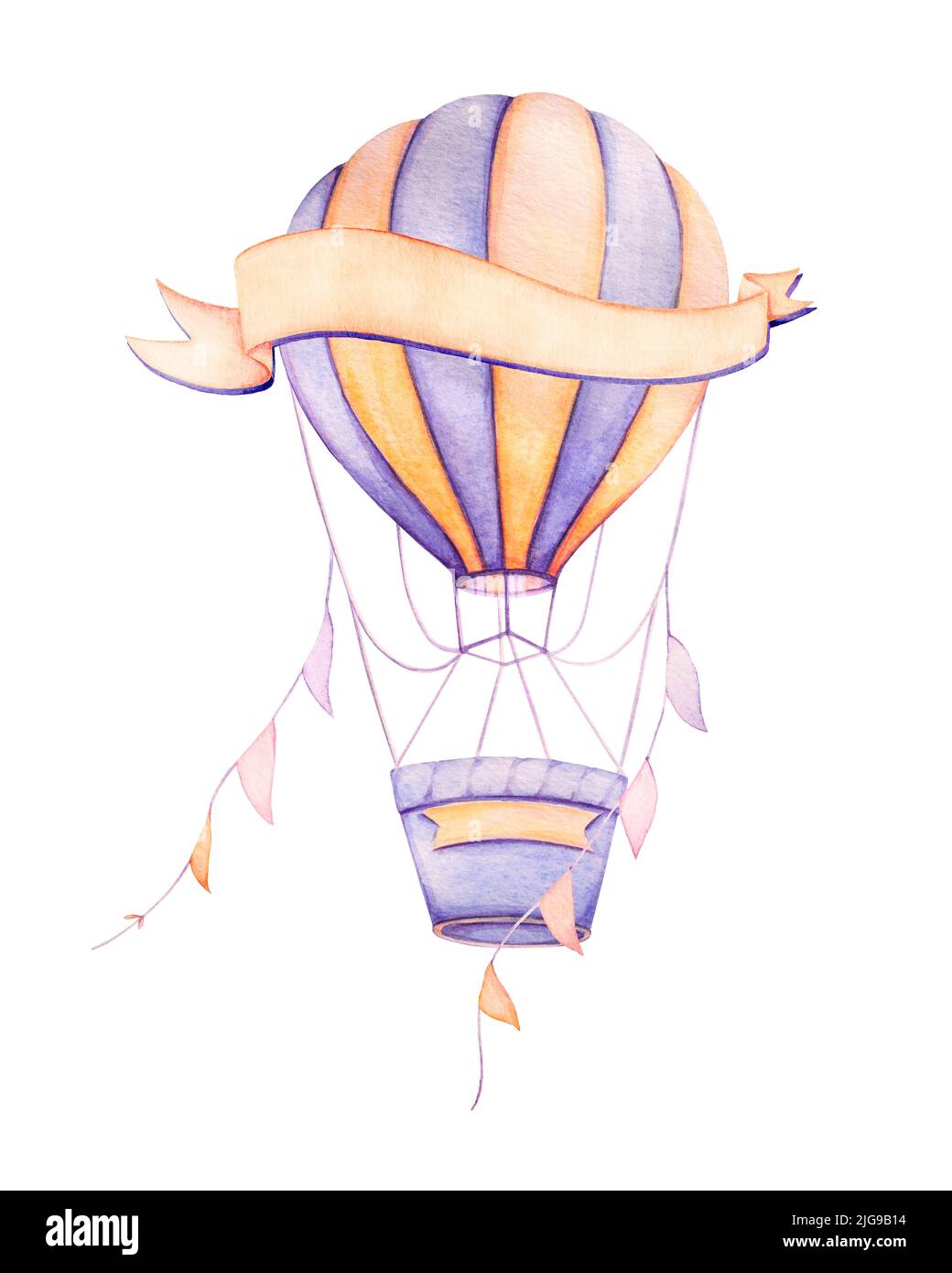 Air Balloon volant avec des rubans. Couleurs violet jaune. Aquarelle. Imprimés pour enfants. Arrière-plan blanc, qualité d'impression Banque D'Images