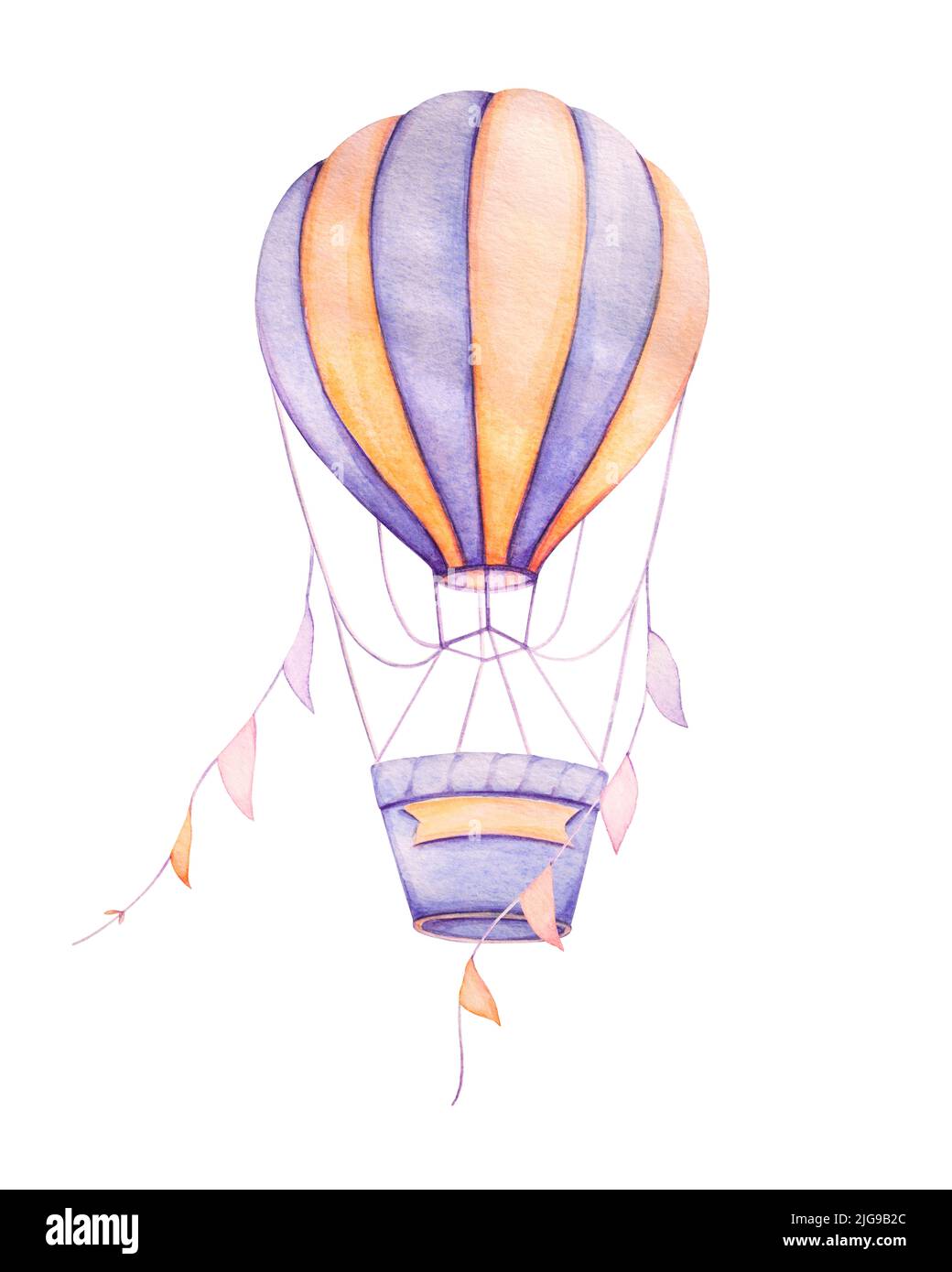 Ballon d'air avec rubans colorés. Violet et jaune. Aquarelle. Imprimés pour enfants. Art mural de pépinière Banque D'Images