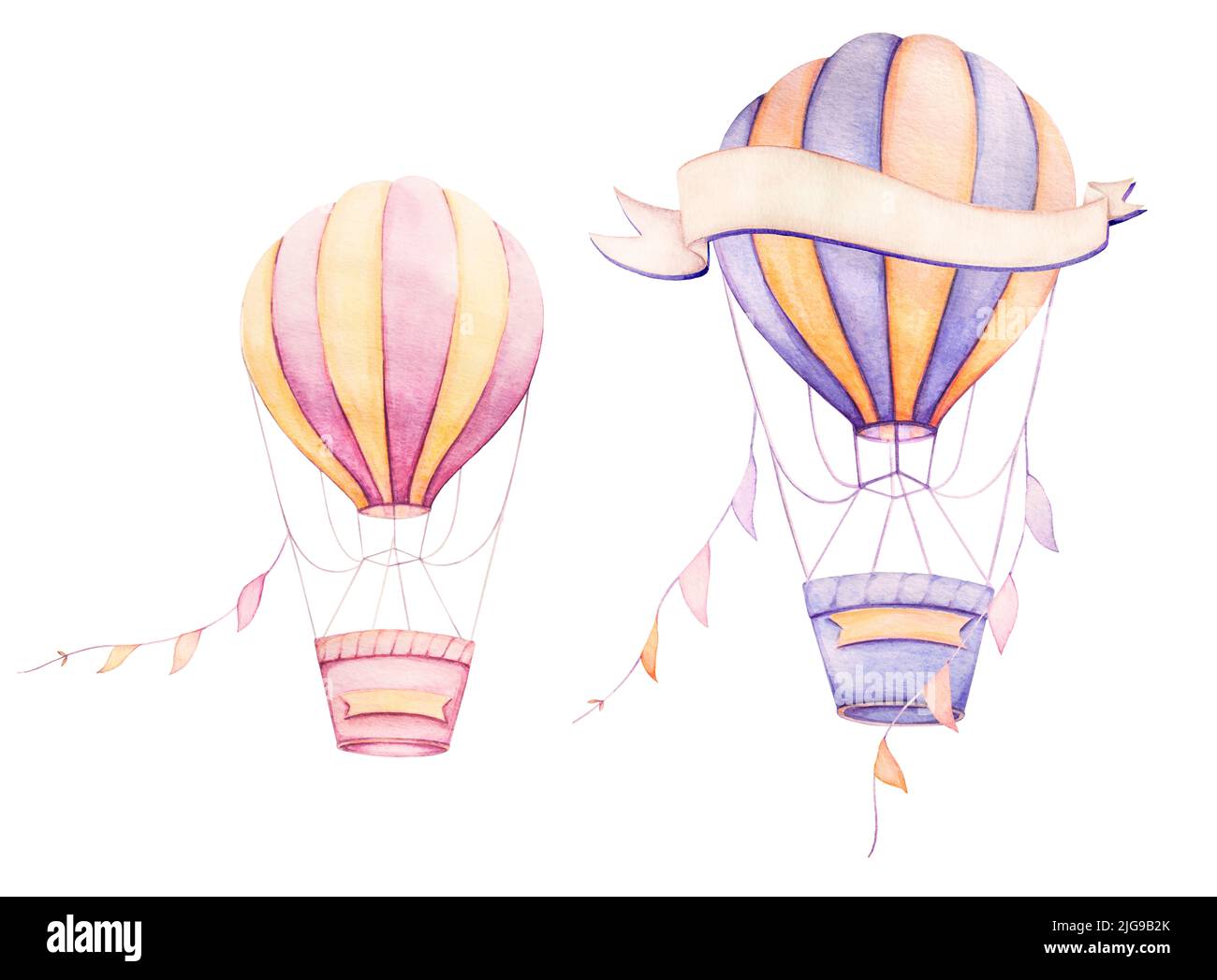 Ballon d'air coloré volant avec des rubans. Rose clair; jaune. Aquarelle pour bébé clipart. Thème de voyage. Imprimés pour enfants. Cadeau d'art nouveau-né. Art mural de pépinière Banque D'Images