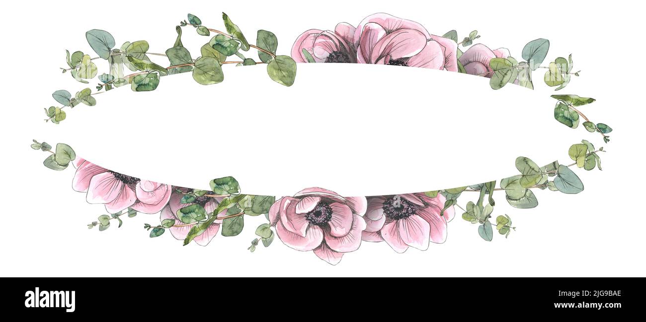 Cadre ovale horizontal de fleurs roses d'anémones et de brindilles d'eucalyptus. Illustration aquarelle avec éléments graphiques de style esquisse. Une carte d'un Banque D'Images