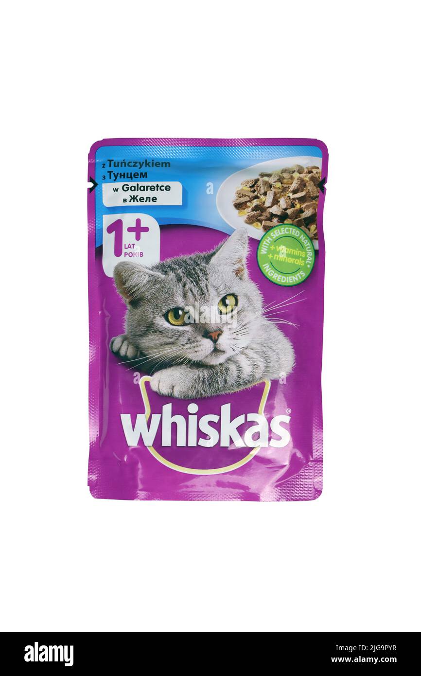 KHARKIV, UKRAINE - 06 FÉVRIER 2021 : paquet violet de nourriture pour animaux de compagnie de marque Whiskas pour chats sur fond blanc. Whiskas est une marque mondiale de nourriture pour chats produite Banque D'Images