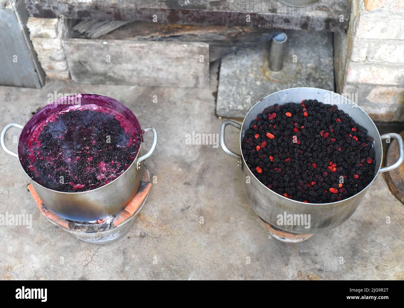 Faire bouillir la confiture de mûrier dans une casserole en métal sur feu ouvert Banque D'Images
