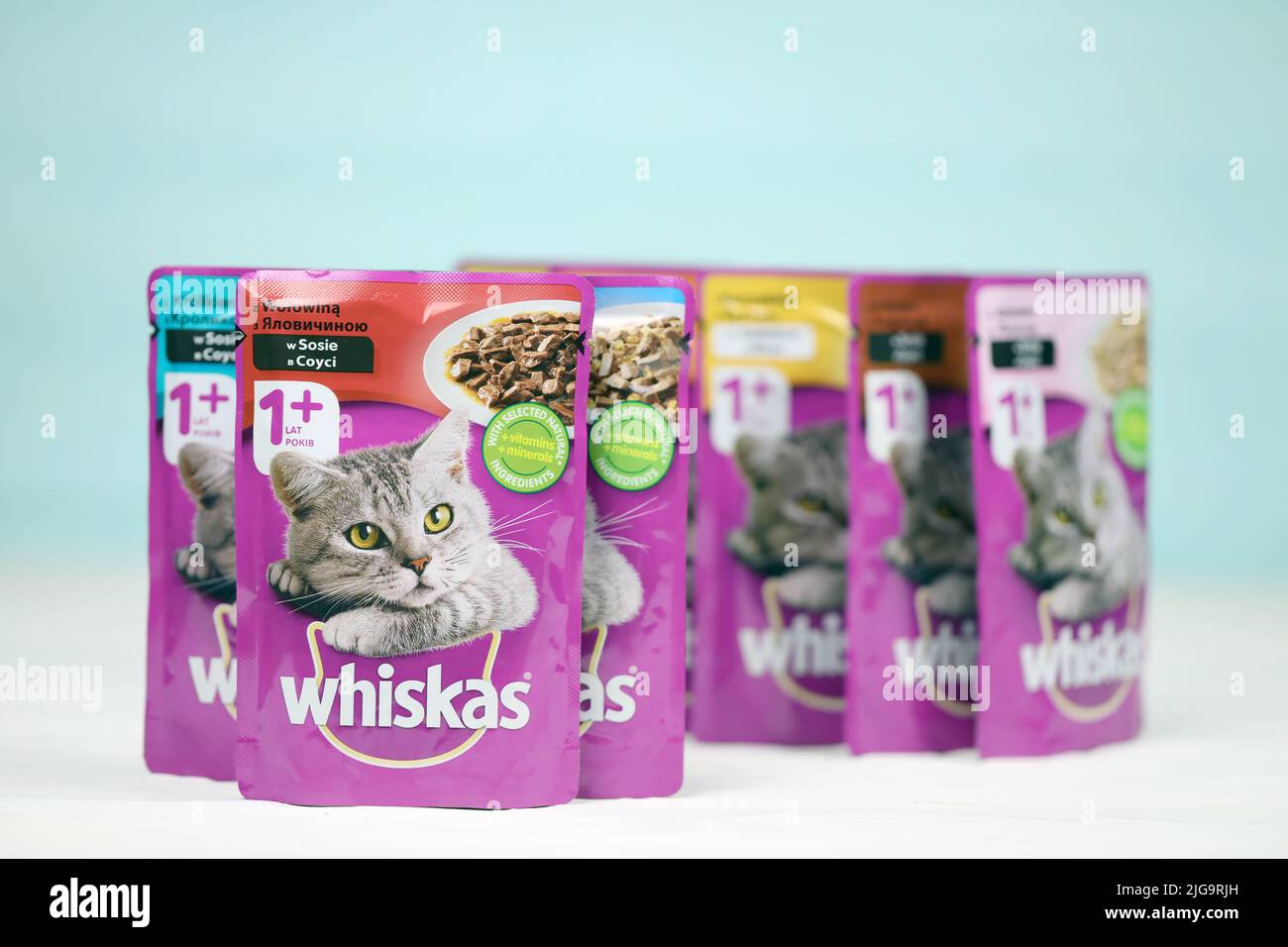 KHARKIV, UKRAINE - 06 FÉVRIER 2021 : gros plan sur les paquets de nourriture pour animaux de compagnie de marque Whiskas. Whiskas est une marque mondiale de nourriture pour chats produite par l'AME Banque D'Images