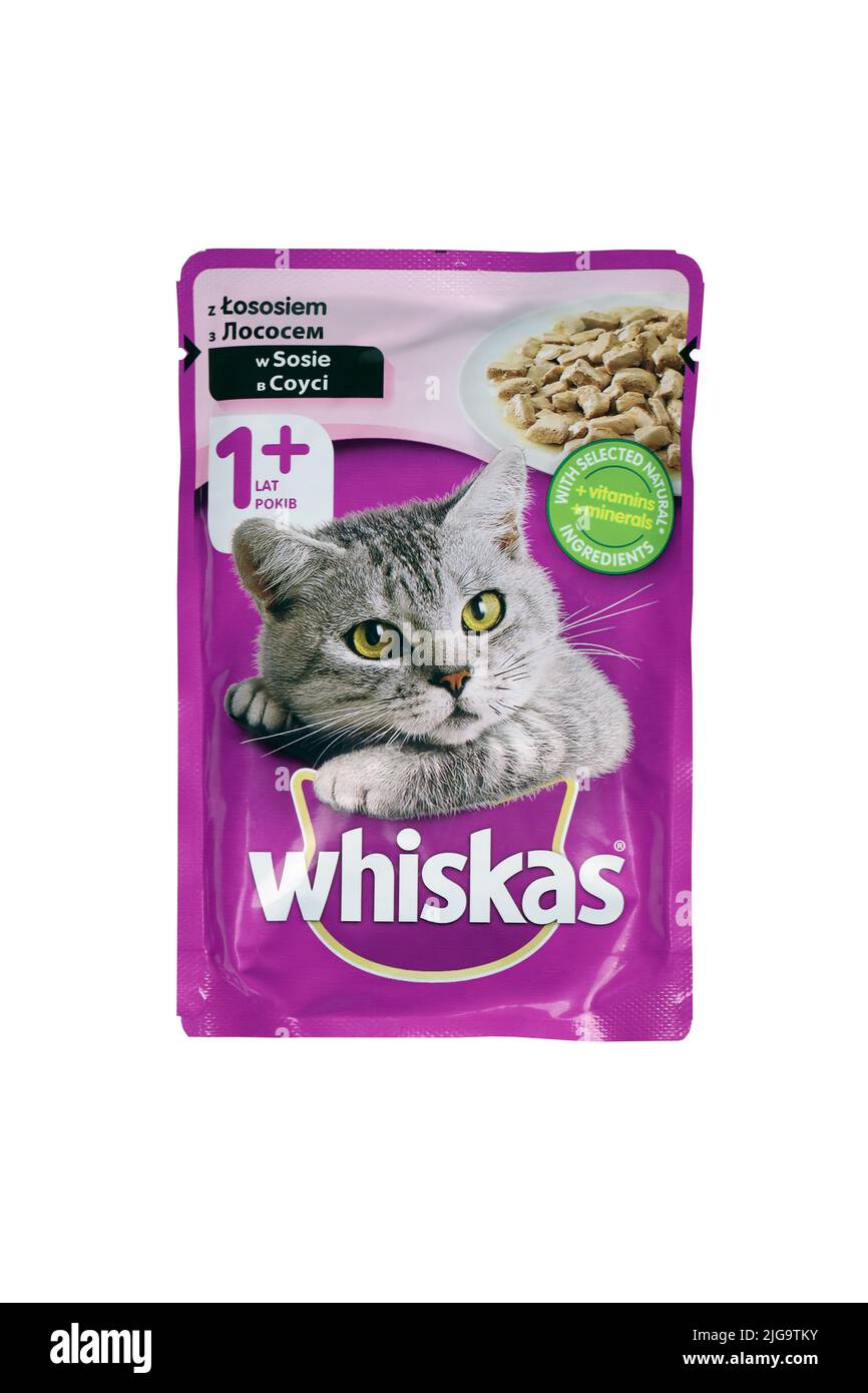 KHARKIV, UKRAINE - 06 FÉVRIER 2021 : paquet violet de nourriture pour animaux de compagnie de marque Whiskas pour chats sur fond blanc. Whiskas est une marque mondiale de nourriture pour chats produite Banque D'Images