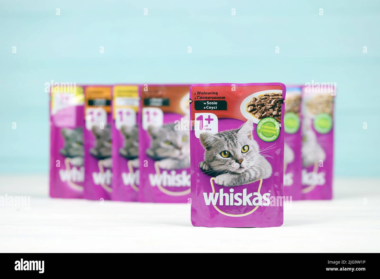 KHARKIV, UKRAINE - 06 FÉVRIER 2021 : gros plan sur les paquets de nourriture pour animaux de compagnie de marque Whiskas. Whiskas est une marque mondiale de nourriture pour chats produite par l'AME Banque D'Images