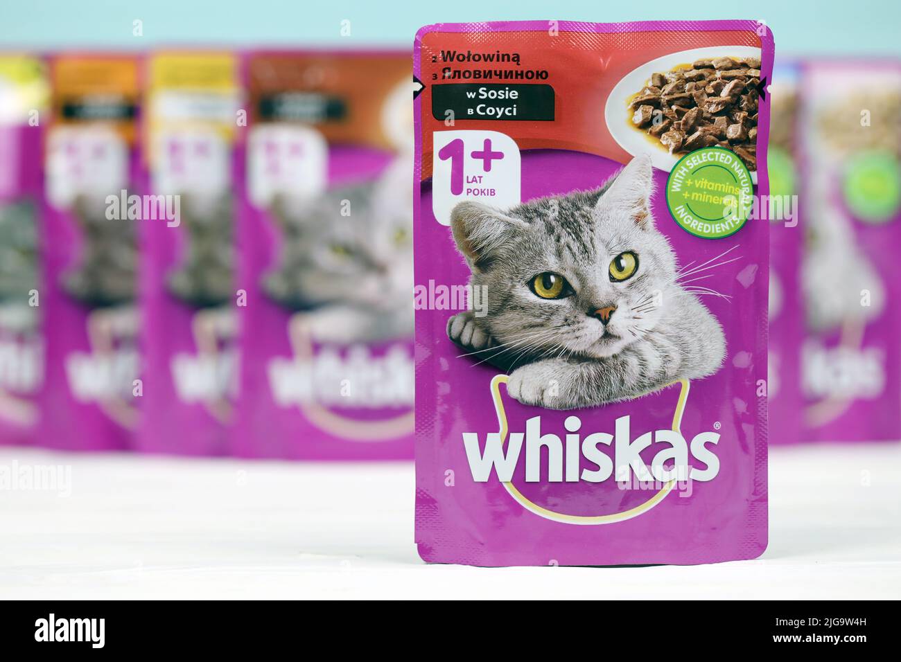 KHARKIV, UKRAINE - 06 FÉVRIER 2021 : gros plan sur les paquets de nourriture pour animaux de compagnie de marque Whiskas. Whiskas est une marque mondiale de nourriture pour chats produite par l'AME Banque D'Images