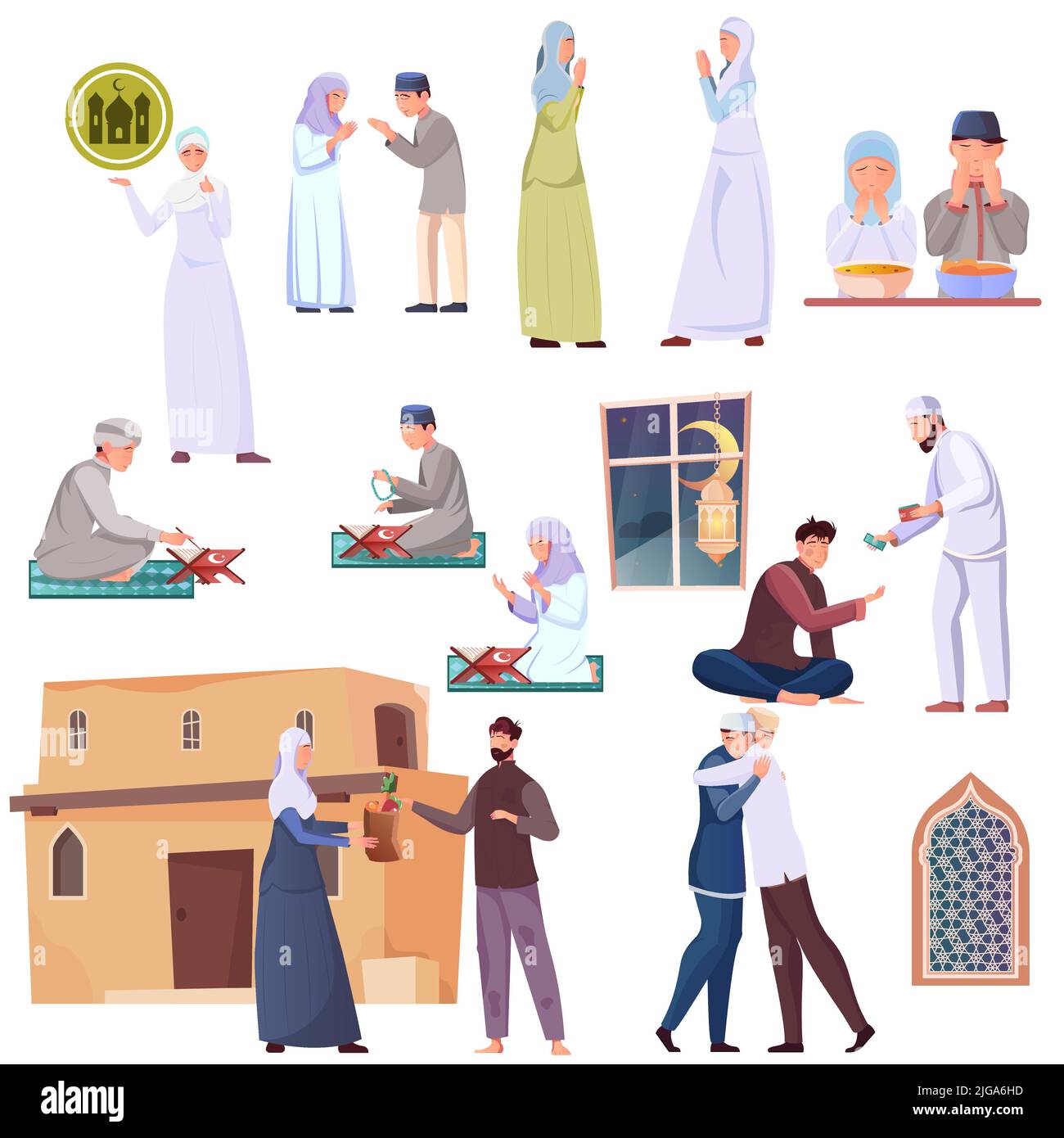 Icônes du ramadan plat avec des musulmans priant de donner de l'argent et de la nourriture ayant l'iftar saluant l'autre illustration vectorielle isolée Illustration de Vecteur