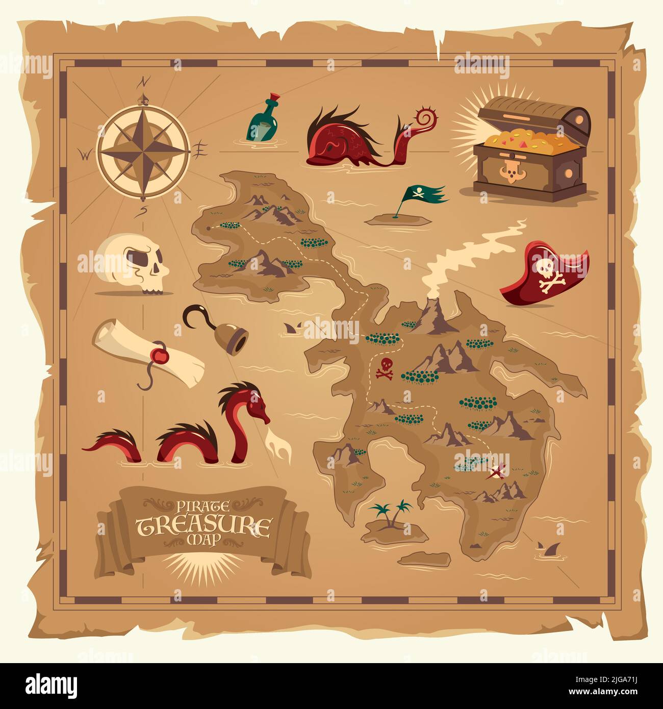 Carte du Trésor pirate sur le vieux parchemin avec crâne main crochet en bois coffre flottant bouteille éléments de dessin animé illustration vectorielle Illustration de Vecteur