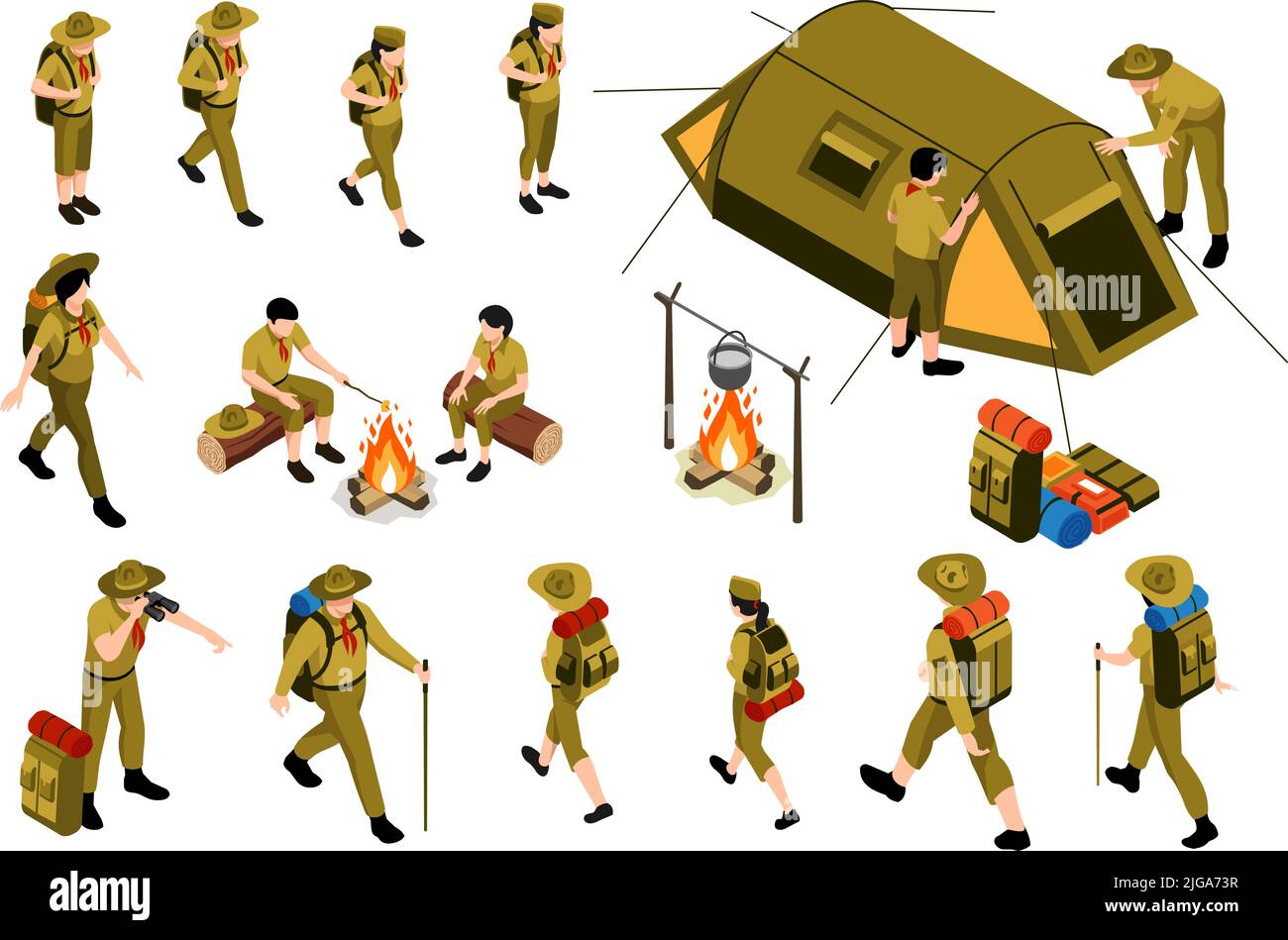 Randonnée isométrique ensemble d'objets de camping et de personnes en uniforme de scout avec l'équipement de trekking illustration vectorielle isolée Illustration de Vecteur