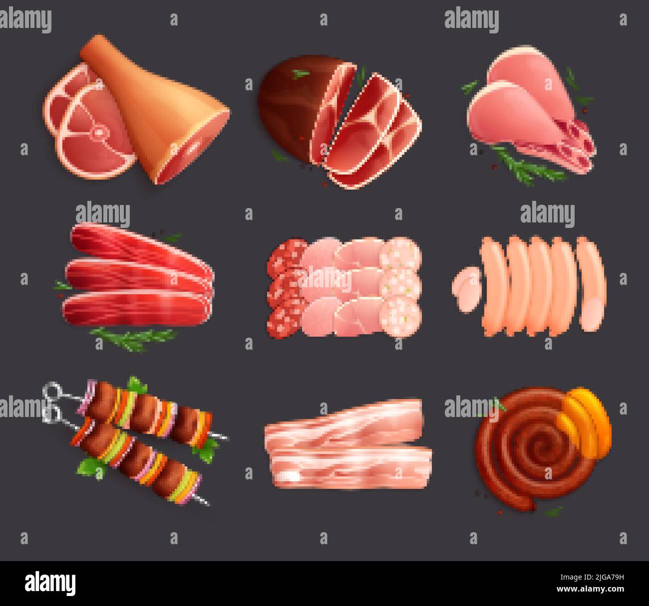 Produits à base de viande ensemble d'icônes plates avec viande mûre et images de nourriture saucisses steaks et illustration de kebab vecteur Illustration de Vecteur