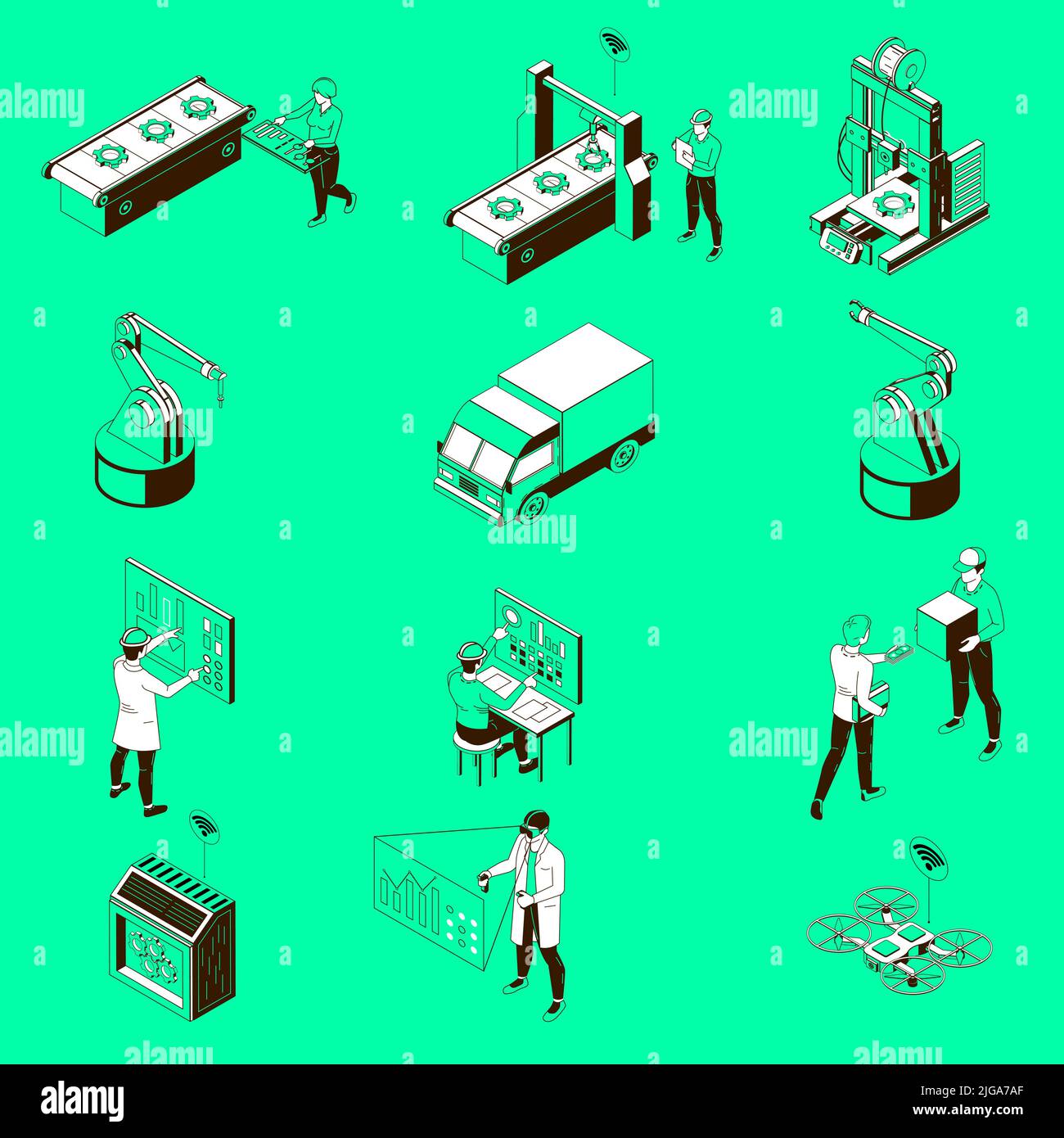 Smart Industry Automated production Line Operators bras robotiques convoyeur courroie livraison de drone monochrome isométrique set illustration vectorielle d'arrière-plan Illustration de Vecteur