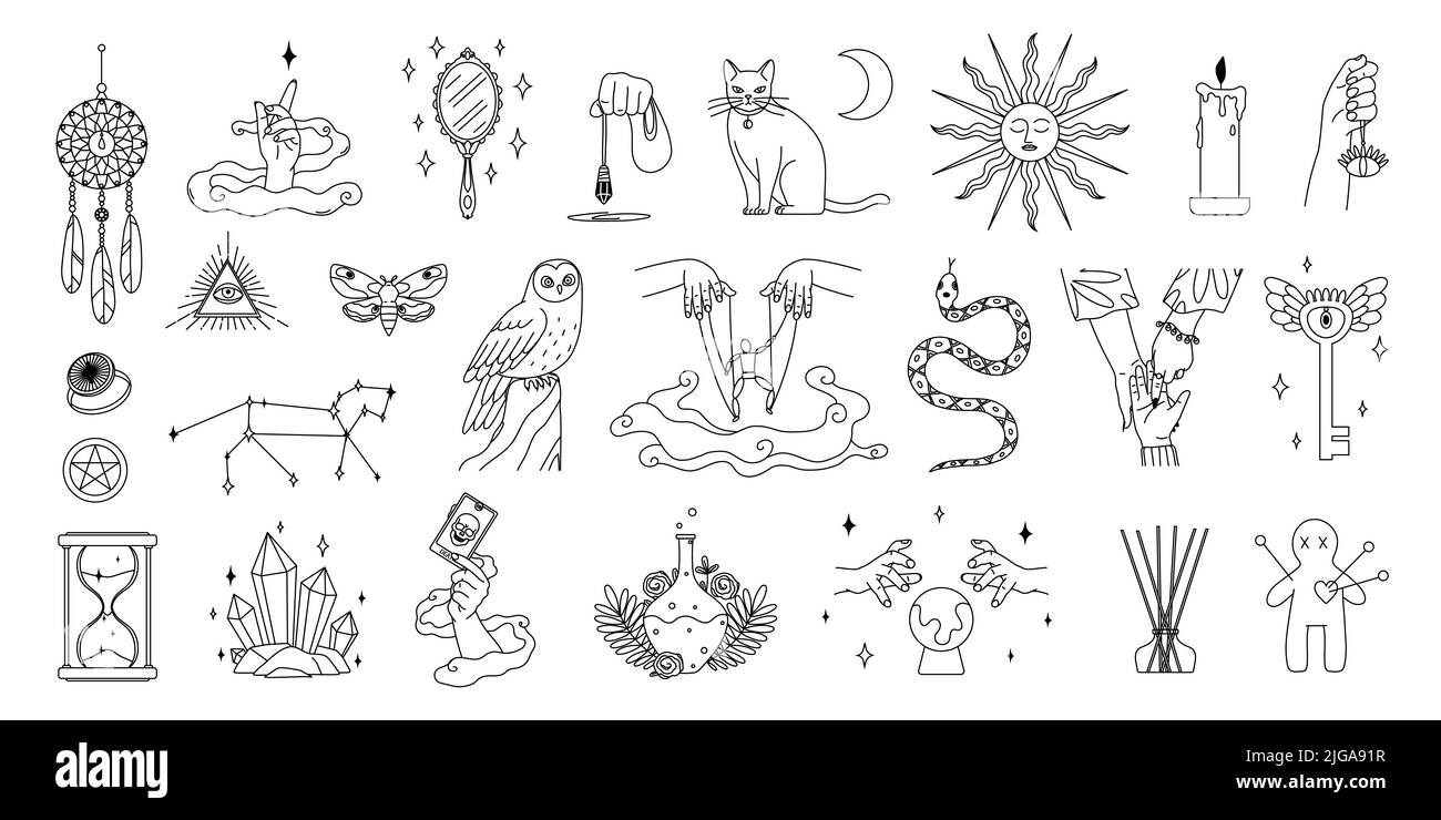 Ensemble de boho mystique d'icônes monochromes isolées de signes occultes mains humaines bocaux et totem animaux illustration vectorielle Illustration de Vecteur