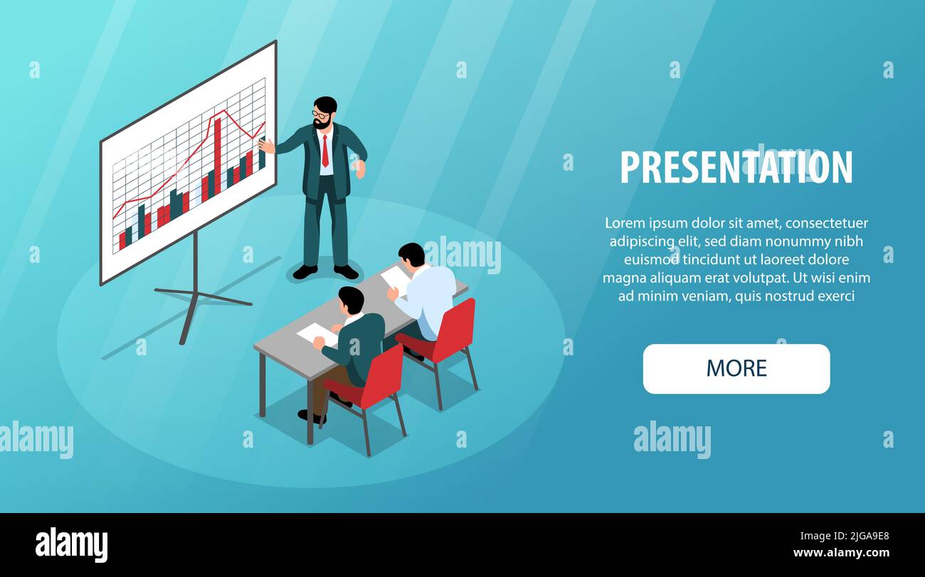 Présentation bannière horizontale avec homme d'affaires montrant des statistiques de données analytiques aux membres de la commission illustration vectorielle isométrique Illustration de Vecteur