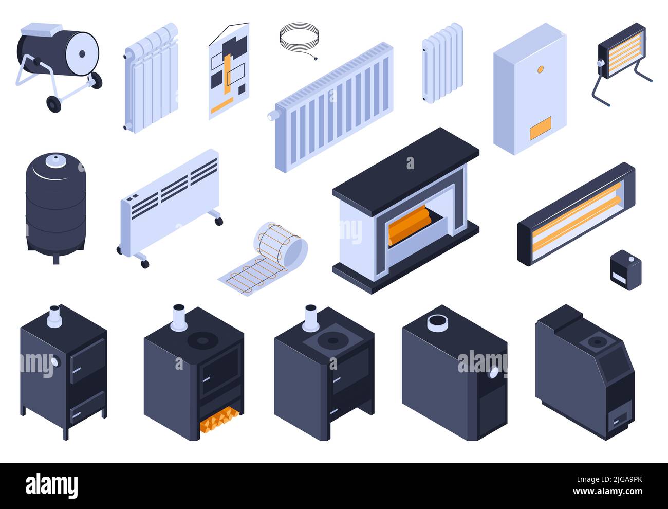 Système de chauffage et ensemble de couleurs de chaudière avec foyer et pistolet thermique illustration vectorielle isolée isométrique Illustration de Vecteur