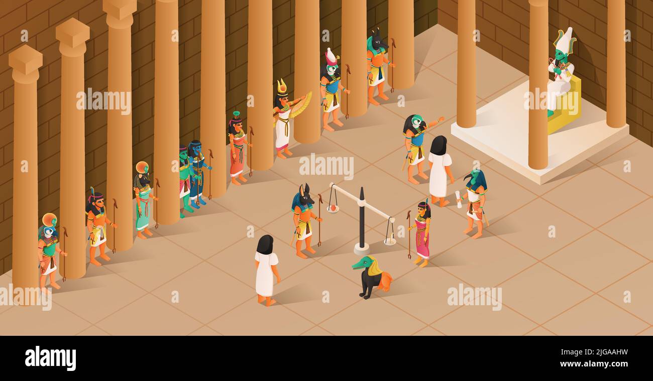 Égypte antique illustration vectorielle isométrique de la scène de jugement osiris du livre des morts avec la grande balance et le pécheur Illustration de Vecteur