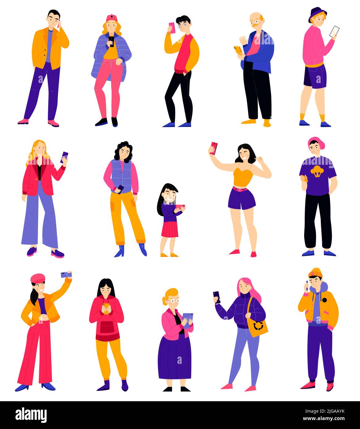 Ensemble avec personnes isolées smartphones icônes de couleur avec des personnages humains de style doodle tenant des téléphones faisant des selfies illustration vectorielle Illustration de Vecteur