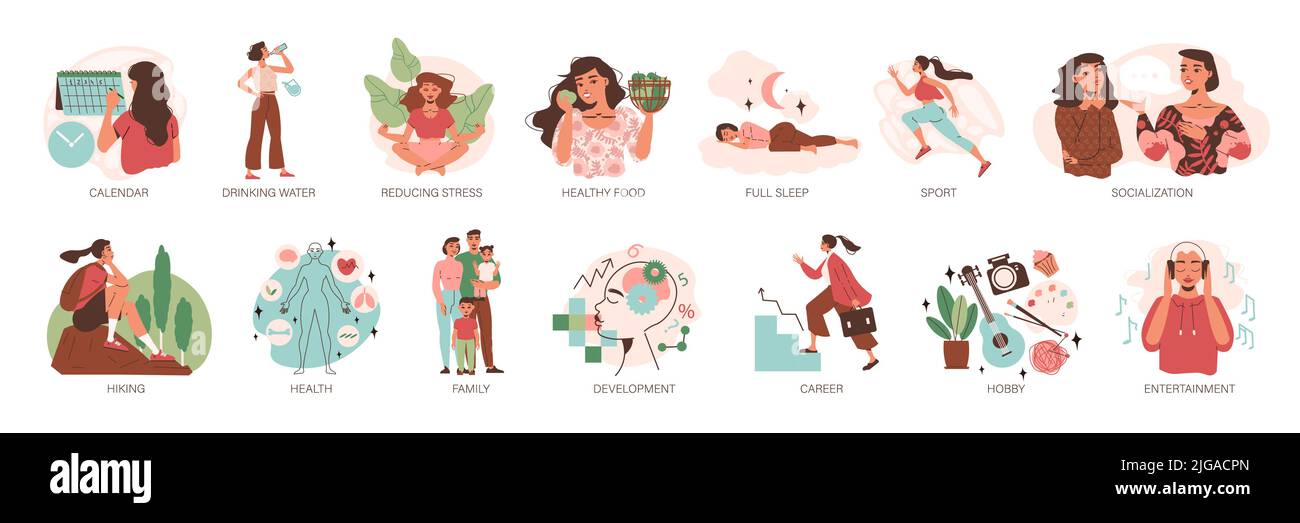 Équilibre de vie dans le développement sport carrière famille randonnée détente tourisme icônes isolées avec légende sur fond blanc illustration vectorielle plate Illustration de Vecteur