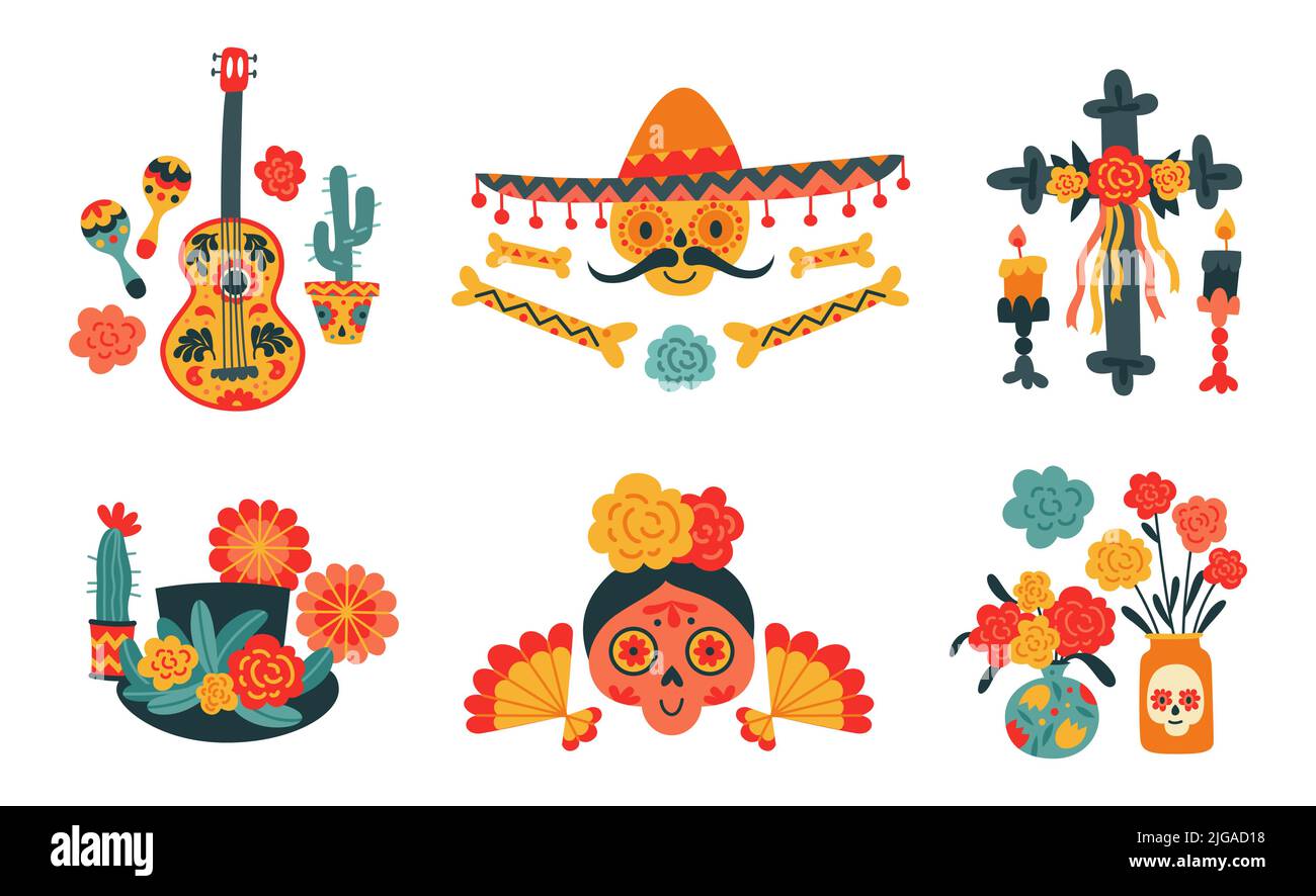 Jour de vacances mexicain des compositions plates mortes ensemble avec le crâne coloré traditionnel masques fleurs croix instruments de musique illustration vectorielle isolée Illustration de Vecteur