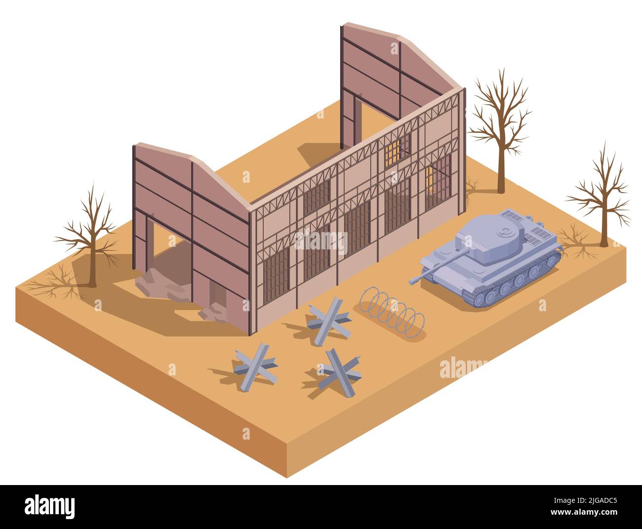 Bâtiment détruit de la ville avec illustration vectorielle isométrique en réservoir Illustration de Vecteur