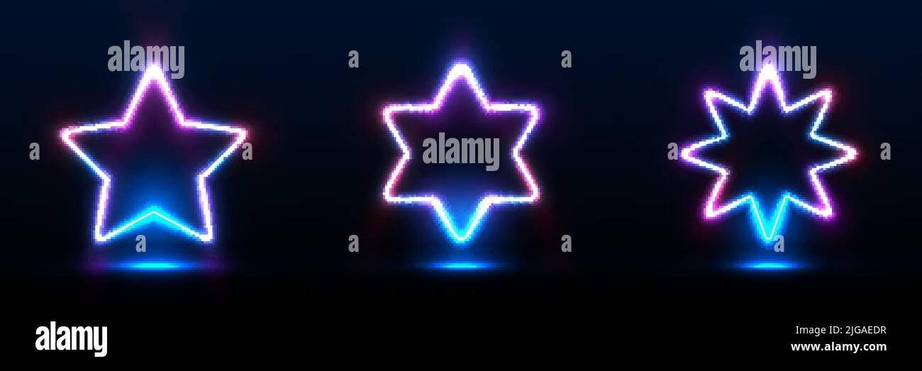 Ensemble de signalisation de boîte de nuit illuminant des étoiles fluo cadre sur fond sombre style rétro. Illustration vectorielle Illustration de Vecteur