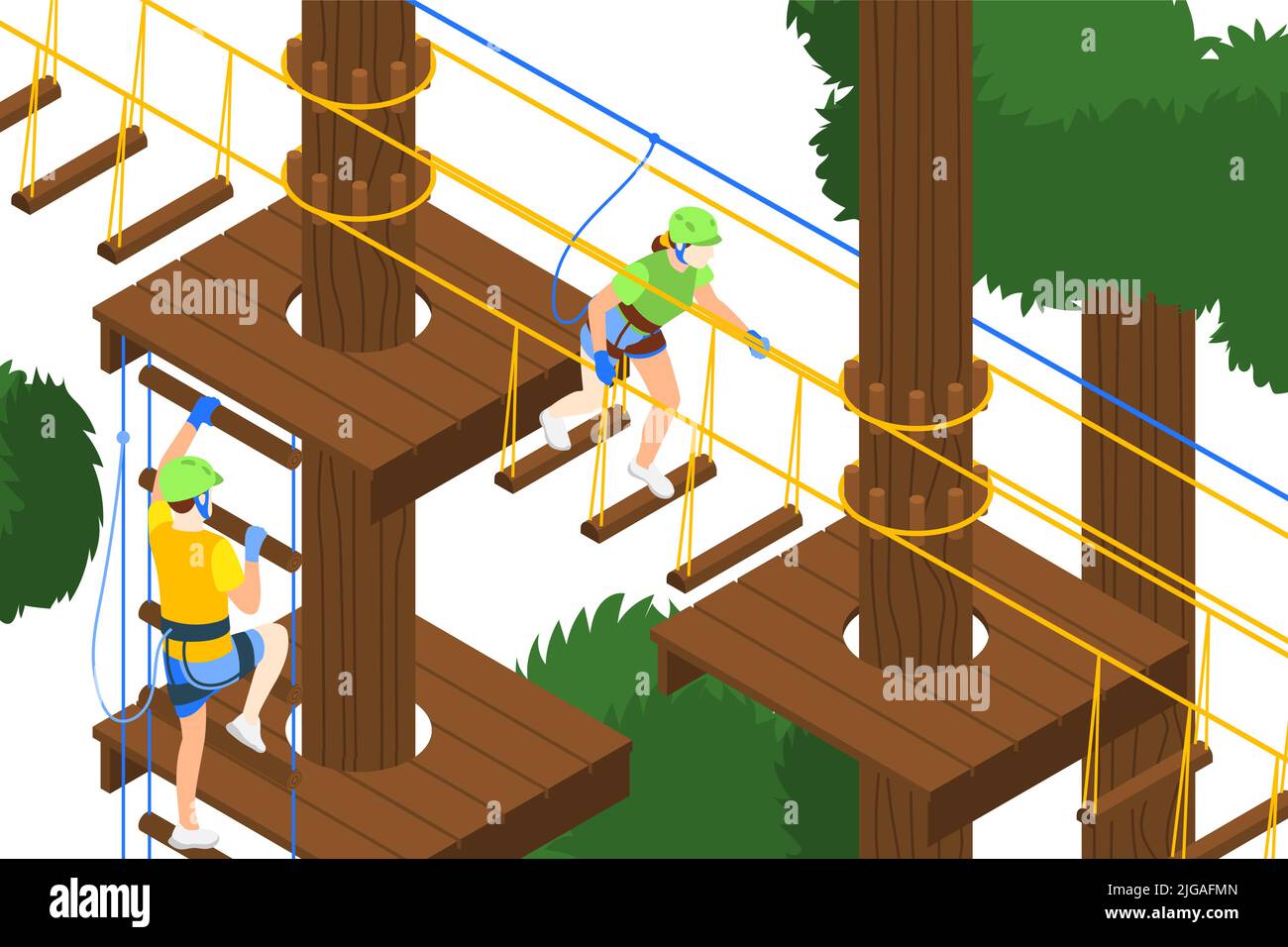 Activités de plein air contexte isométrique avec des personnes actives dans des casques croisant le pont suspendu dans l'illustration du vecteur de parc de corde Illustration de Vecteur