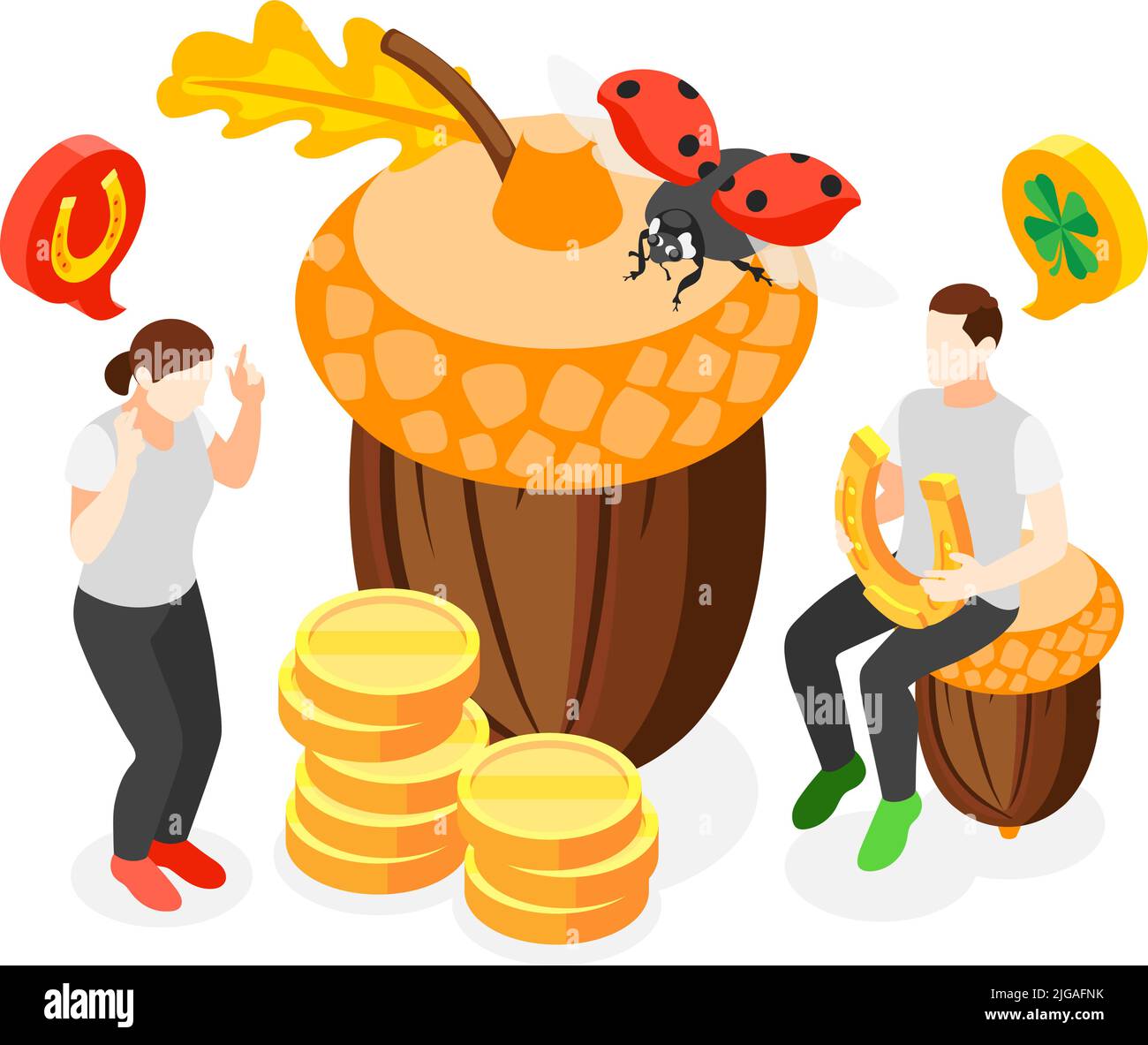 Symboles chanceux concept composition avec couple humain parmi les grandes images de pièces d'or Acorn ladybug illustration vectorielle isométrique Illustration de Vecteur