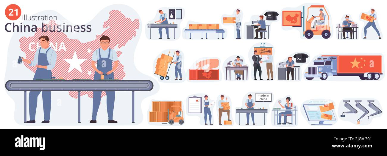 Ensemble de production de Chine de compositions isolées plates avec des personnages humains de l'usine chinoise et des travailleurs d'entrepôt illustration vectorielle Illustration de Vecteur